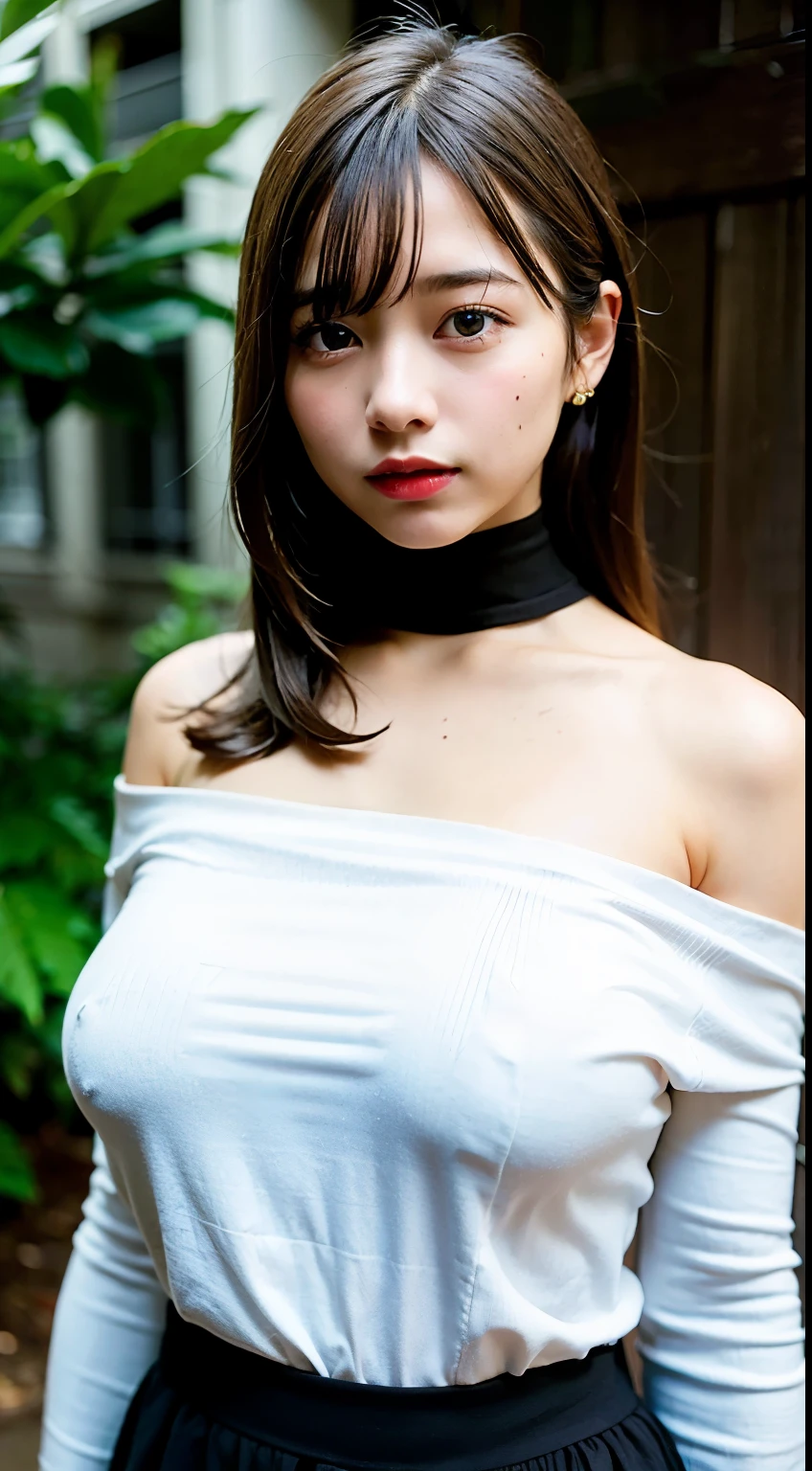 best quality, ultra high res, (photorealistic:1.4), 1girl, off-shoulder white shirt, black tight skirt, black choker, (faded ash gray hair:1), (huge breasts:1.2), looking at viewer, closeup ,