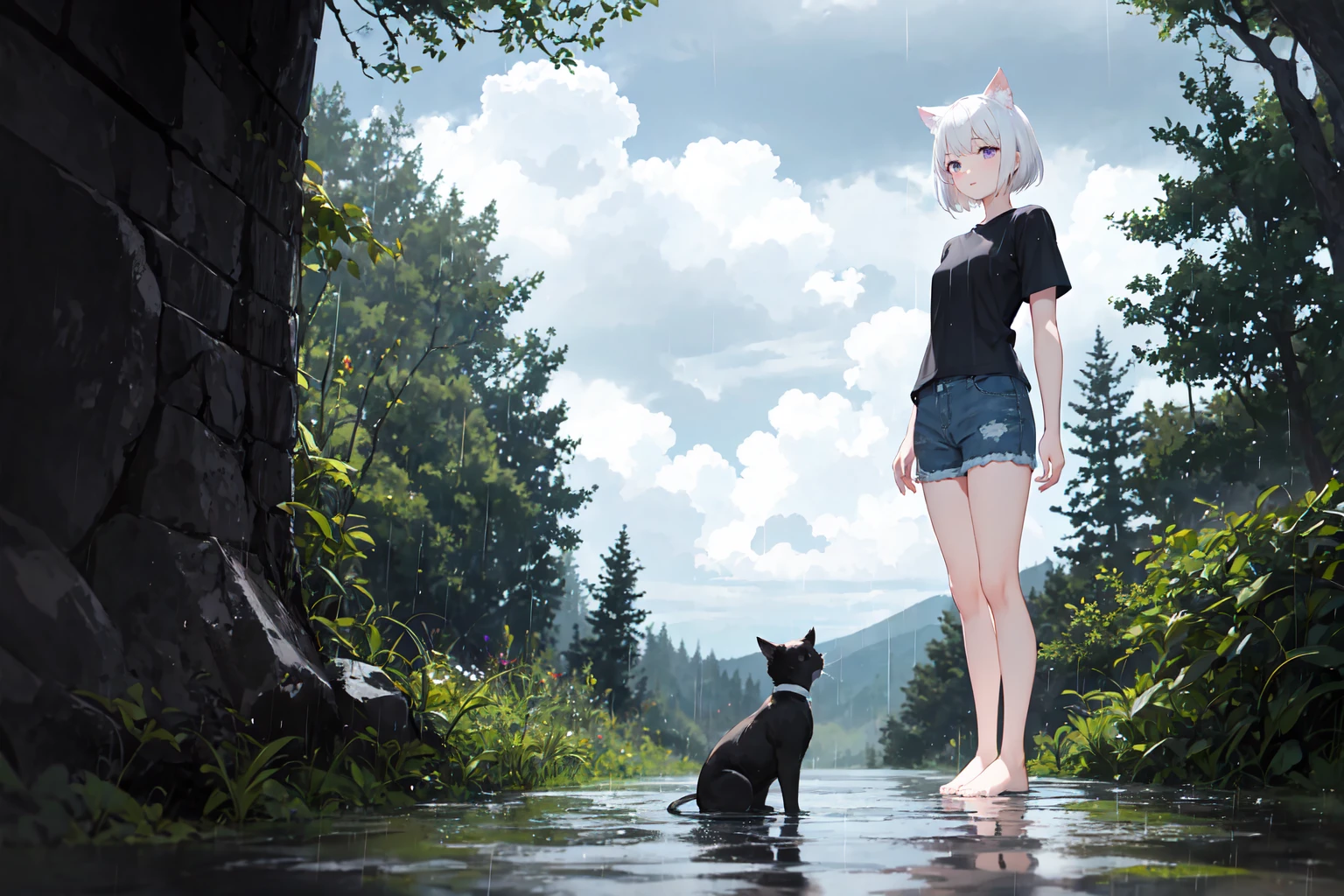 1girl, solo, white hair, short hair, cat ears, violet eyes, black shirt, short sleeve, blue denim short, bare feet, standing, forest, day, clouds, rainy weather, raindrop, front view