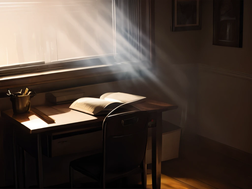 (tyndall efect), a dark room, a desk, there is a thick book on the desk and a beautiful glass of red wine,  a glass of wine illuminated by the beautiful light of the Tyndall effect, calm atmosphere, atmospheric, digital painting, realistic, imersive shadows, 8k