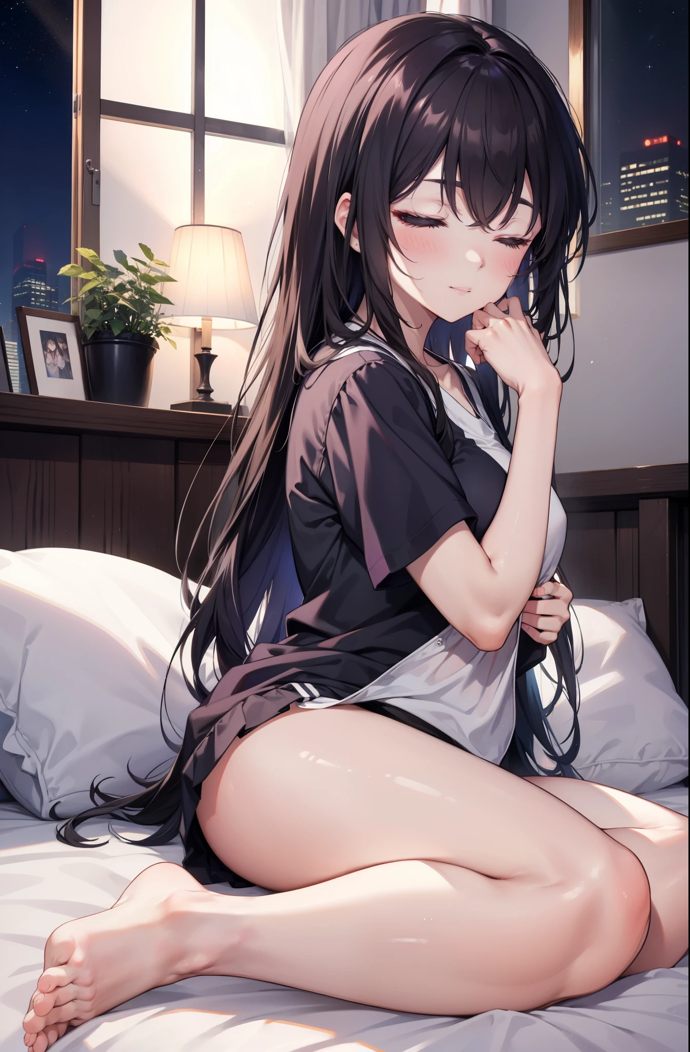 for profit, utaha kasumigaoka, black hair,  long hair, smile,windows，romantic starry sky，sleeping with both eyes closed,A meteor crosses,T-shirt,black string underwear,sleeping in bed,night,moonlight,sleep with your head on the pillow,Sleeping lying on your back in bed,dark room, barefoot　　　　　　　　　　　　　　　　　　
break indoors,Bedroom,
break (masterpiece:1.2), highest quality, High resolution, unity 8k wallpaper, (figure:0.8), highly detailed face, perfect lighting, Very detailed CG, (perfect hands, perfect anatomy),