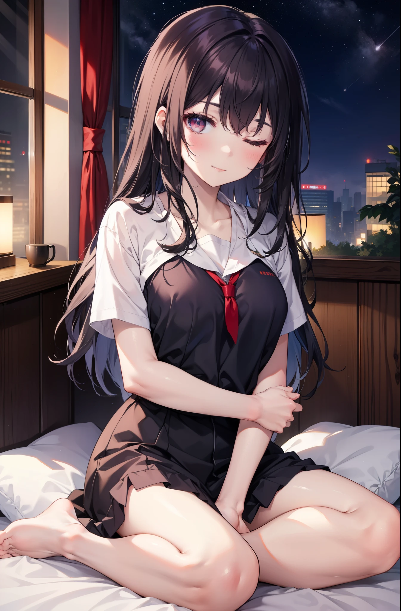 for profit, utaha kasumigaoka, black hair,  long hair, smile,windows，romantic starry sky，sleeping with both eyes closed,A meteor crosses,T-shirt,black string underwear,sleeping in bed,night,moonlight,sleep with your head on the pillow,Sleeping lying on your back in bed,dark room, barefoot　　　　　　　　　　　　　　　　　　
break indoors,Bedroom,
break (masterpiece:1.2), highest quality, High resolution, unity 8k wallpaper, (figure:0.8), highly detailed face, perfect lighting, Very detailed CG, (perfect hands, perfect anatomy),