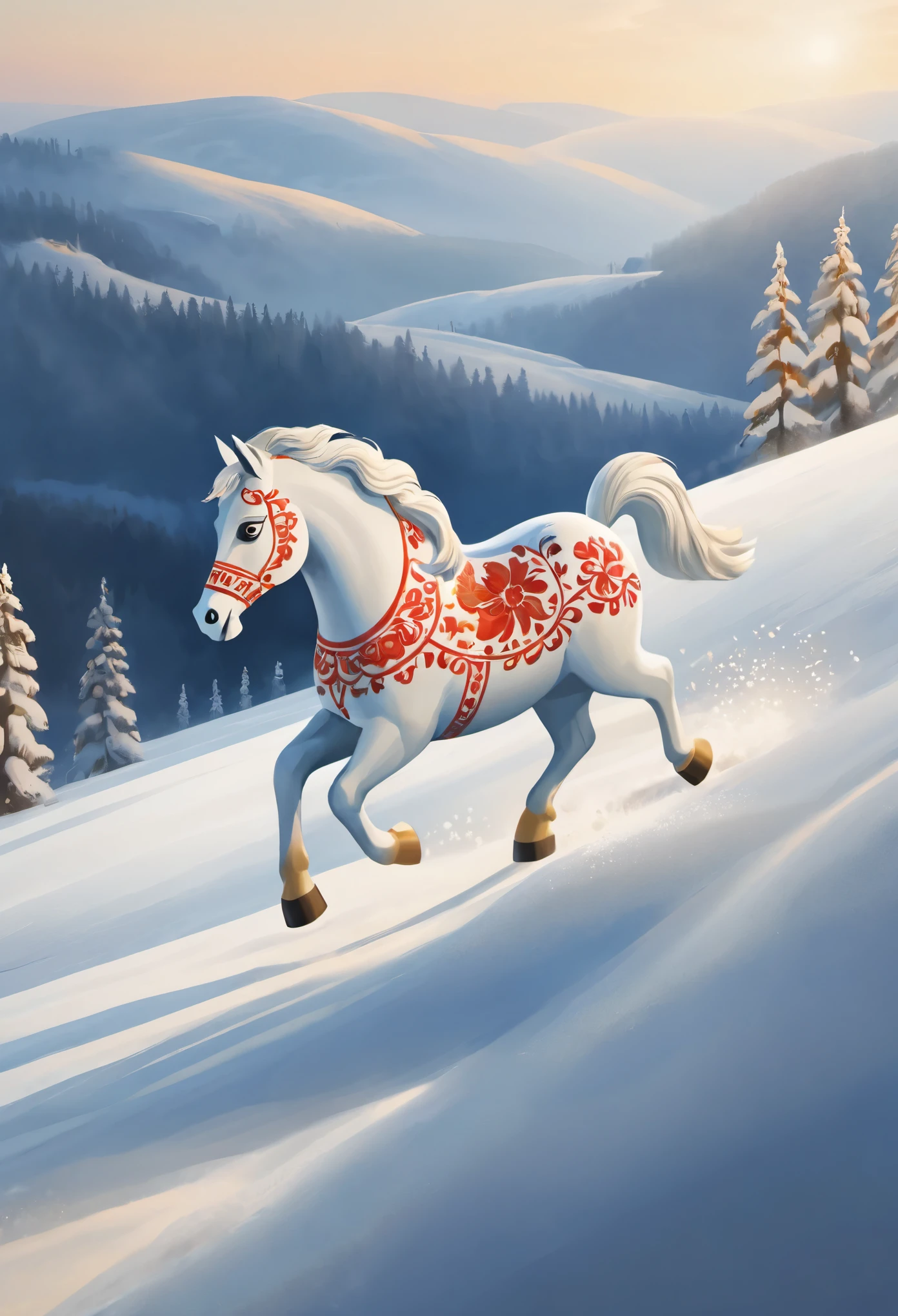 Swedish Dala horse running, Elegantly on the snowy mountain, 17th century art style, painting, elegance, light reflected in the sky, Morning atmosphere, 4k