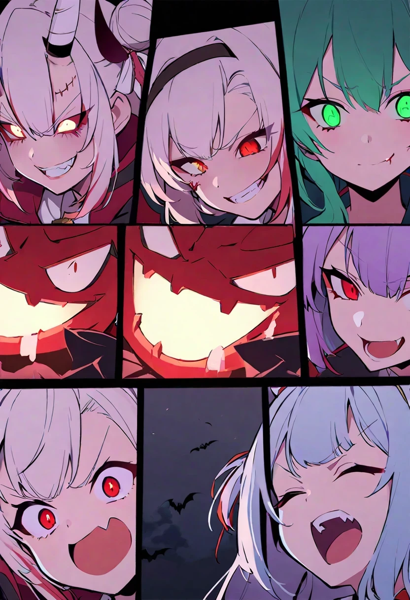 Kiriayame/(Holographic live broadcast/), red eyes, vampire的牙齿獠牙, black body, blood flowing from mouth, giggle,bat wings, scary smile, psychopathic giggle, sick smile, scary, verbal help, angry eyes, vampire, dark sky background, Red + blue + green, glowing Red moon
