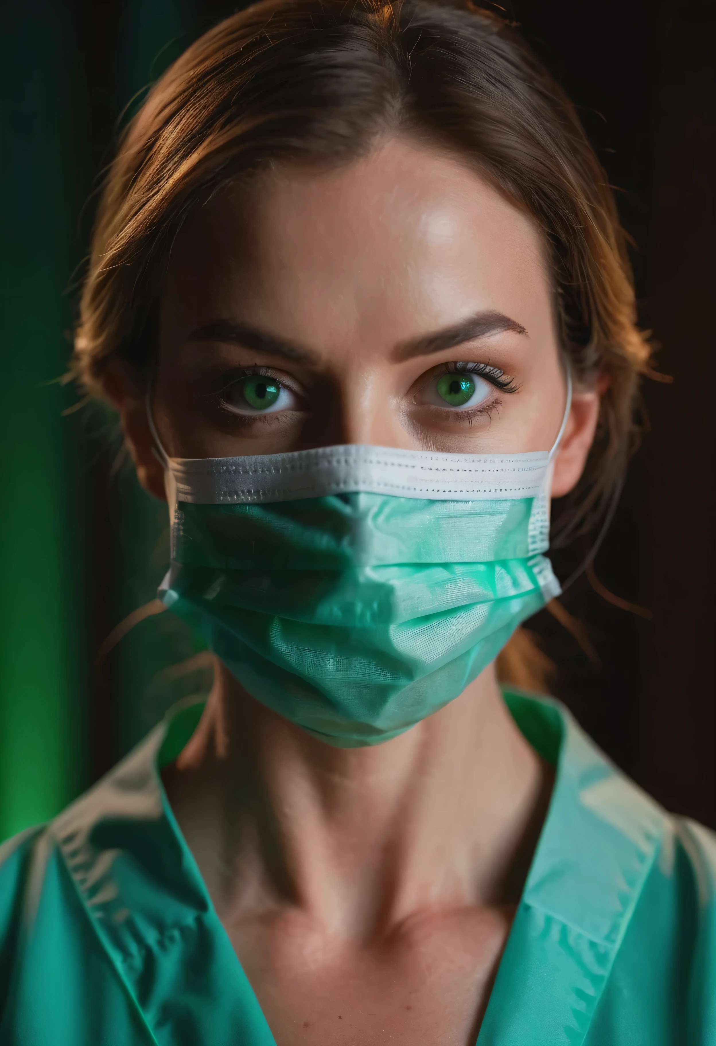 photo, 8k, sharp focus, beautiful woman, close-up doctor, with mask and gown, (detailed eyes: 0.8), (looking at camera: 1.4), (highest quality), (best shadow) , green eyes, edge lighting, two-tone lighting, dimly lit, low-key, intricate details, interior, (realistic: 1.3), 8k,