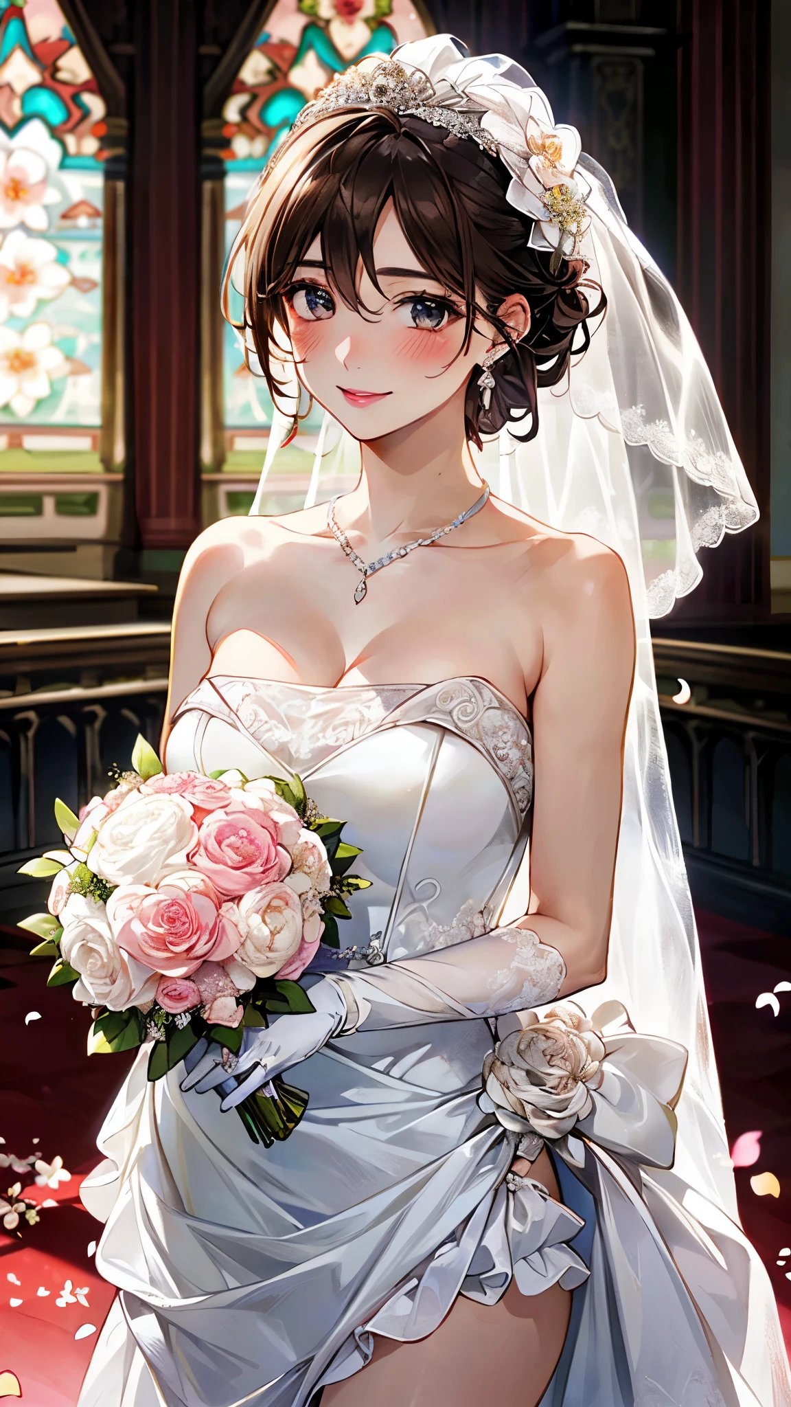 (masterpiece:1.2, top-quality, ultra high res, ultra detailed), (realistic, photorealistic:1.4), beautiful illustration, (natural side lighting, movie lighting), depth of fields,
looking at viewer, bust photo, 1 girl, 16 years old, perfect face, (perfect anatomy), cute and symmetrical face, baby face, shiny skin,
(short hair:1.5, half updo:1.5, brown hair), hair between eyes, blue eyes, pink lips, long eye lasher, (large breasts:1.3),
beautiful hair, beautiful face, beautiful detailed eyes, beautiful clavicle, beautiful body, beautiful chest, beautiful thigh, beautiful legs, beautiful fingers,
detailed cloth texture, wedding princess dress, head flower, headdress, (bandeau wedding dress:1.5), (silk dress:1.2), (strapless wedding dress:1.5),
plain white dress, necklace, earring, cleavage, bouquet, (lace gloves:1.2), (bridal veil:1.2),(short transparent veil:1.2),
(beautiful scenery), evening, (flower garden, cherry blossom, outside church) standing, (happy smile, blush),