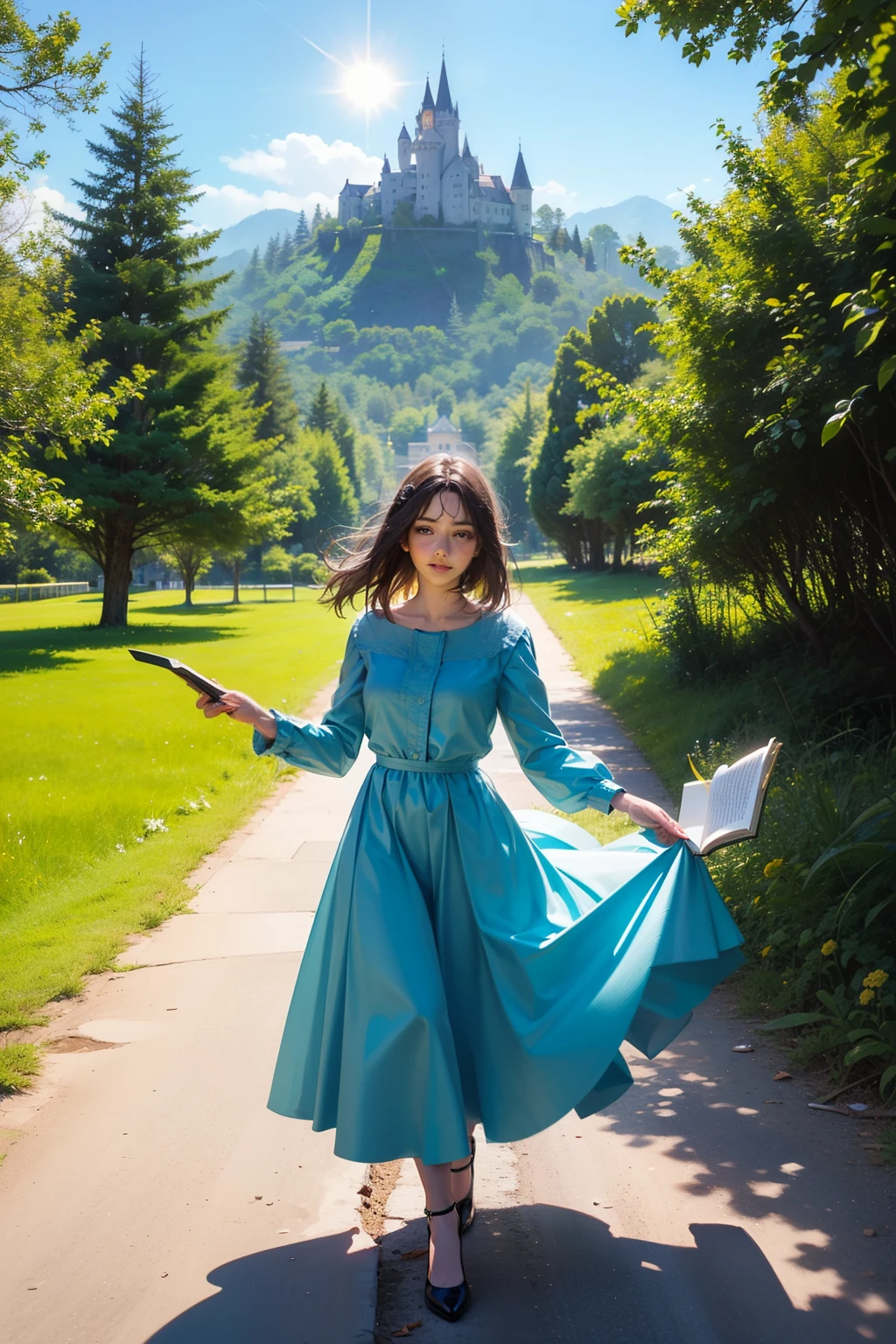 "Alice, a Sonhadora, is in your favorite place: a colina verde, surrounded by a magical setting. Your golden curls dance in the wind, reflecting the sun that paints the sky with vibrant colors. She holds her magic notebook, aberto e pronto para ser preenchido com seus sonhos encantados. Com um sorriso radiante, Alice is immersed in her thoughts, drawing magical creatures and surreal landscapes that come to life around you. The surrounding environment responds to your creativity, with flowers blooming and butterflies dancing around you. The goal is to capture the essence of the imagination and joy that Alice brings to the world, tornando cada cena uma verdadeira obra de arte encantada." 🌈📚✨