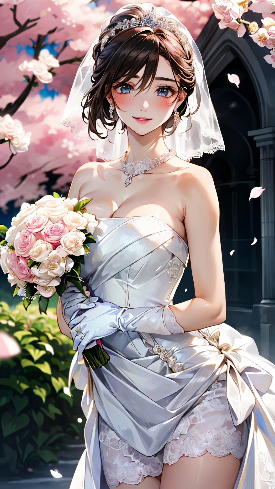 (masterpiece:1.2, top-quality, ultra high res, ultra detailed), (realistic, photorealistic:1.4), beautiful illustration, (natural side lighting, movie lighting), depth of fields,
looking at viewer, bust photo, 1 girl, 16 years old, perfect face, (perfect anatomy), cute and symmetrical face, baby face, shiny skin,
(short hair:1.5, half updo:1.5, brown hair), hair between eyes, blue eyes, pink lips, long eye lasher, (large breasts:1.3),
beautiful hair, beautiful face, beautiful detailed eyes, beautiful clavicle, beautiful body, beautiful chest, beautiful thigh, beautiful legs, beautiful fingers,
detailed cloth texture, wedding princess dress, head flower, headdress, (bandeau wedding dress:1.5), (silk dress:1.2), (strapless wedding dress:1.5),
plain white dress, necklace, earring, cleavage, bouquet, (lace gloves:1.2), (bridal veil:1.2),(short transparent veil:1.2),
(beautiful scenery), evening, (flower garden, cherry blossom, outside church) standing, (happy smile, blush),