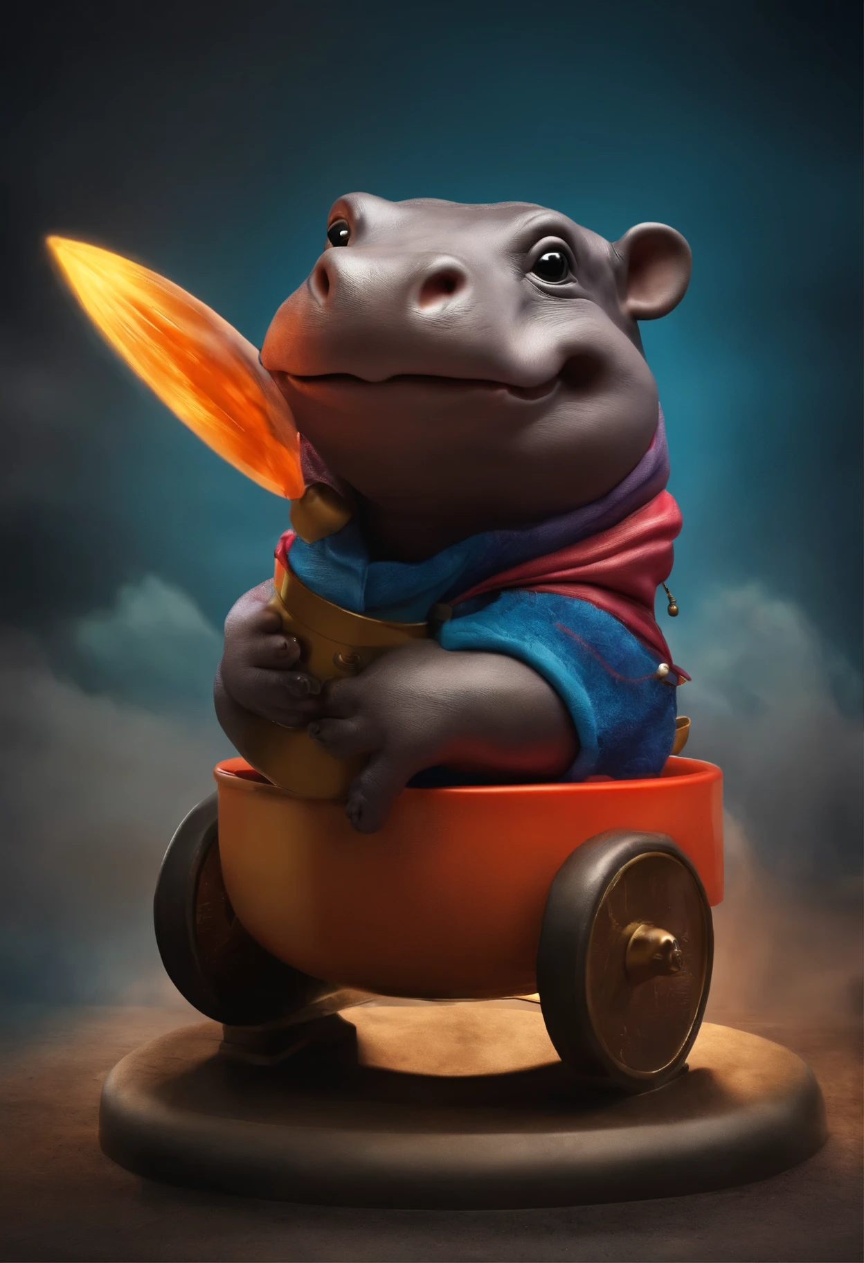 A baby hippo seated on a rocket