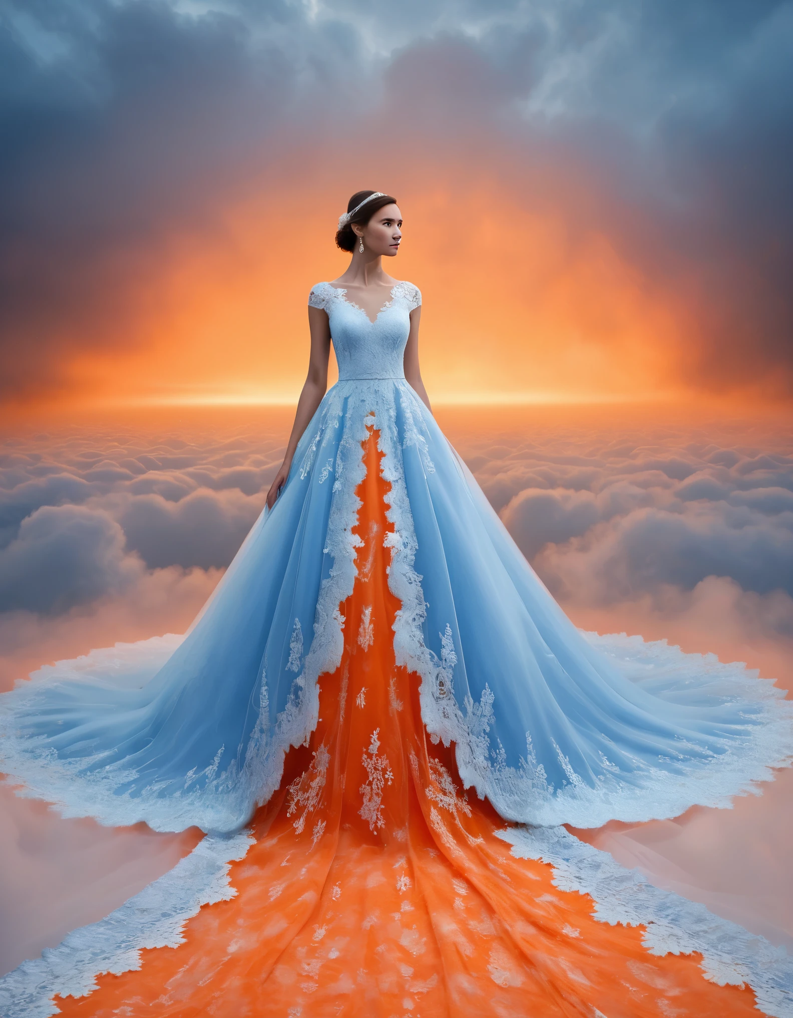 Tyndall phenomenon,best quality,Super detailed,actual,professional,blue lace wedding dress,rows of orange beams,cloud,mist,,White minimalist,partial reflection,Desktop Wallpapers,