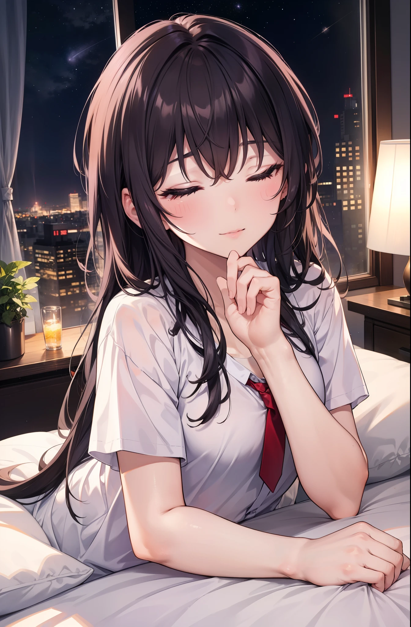 for profit, utaha kasumigaoka, black hair, long hair, smile,windows,romantic starry sky,sleeping with both eyes closed,A meteor crosses,T-shirt,black string underwear,sleeping in bed,night,moonlight,sleep with your head on the pillow,Sleeping lying on your back in bed,dark room, barefoot
break indoors,Bedroom,
break (masterpiece:1.2), highest quality, High resolution, unity 8k wallpaper, (figure:0.8), highly detailed face, perfect lighting, Very detailed CG, (perfect hands, perfect anatomy),