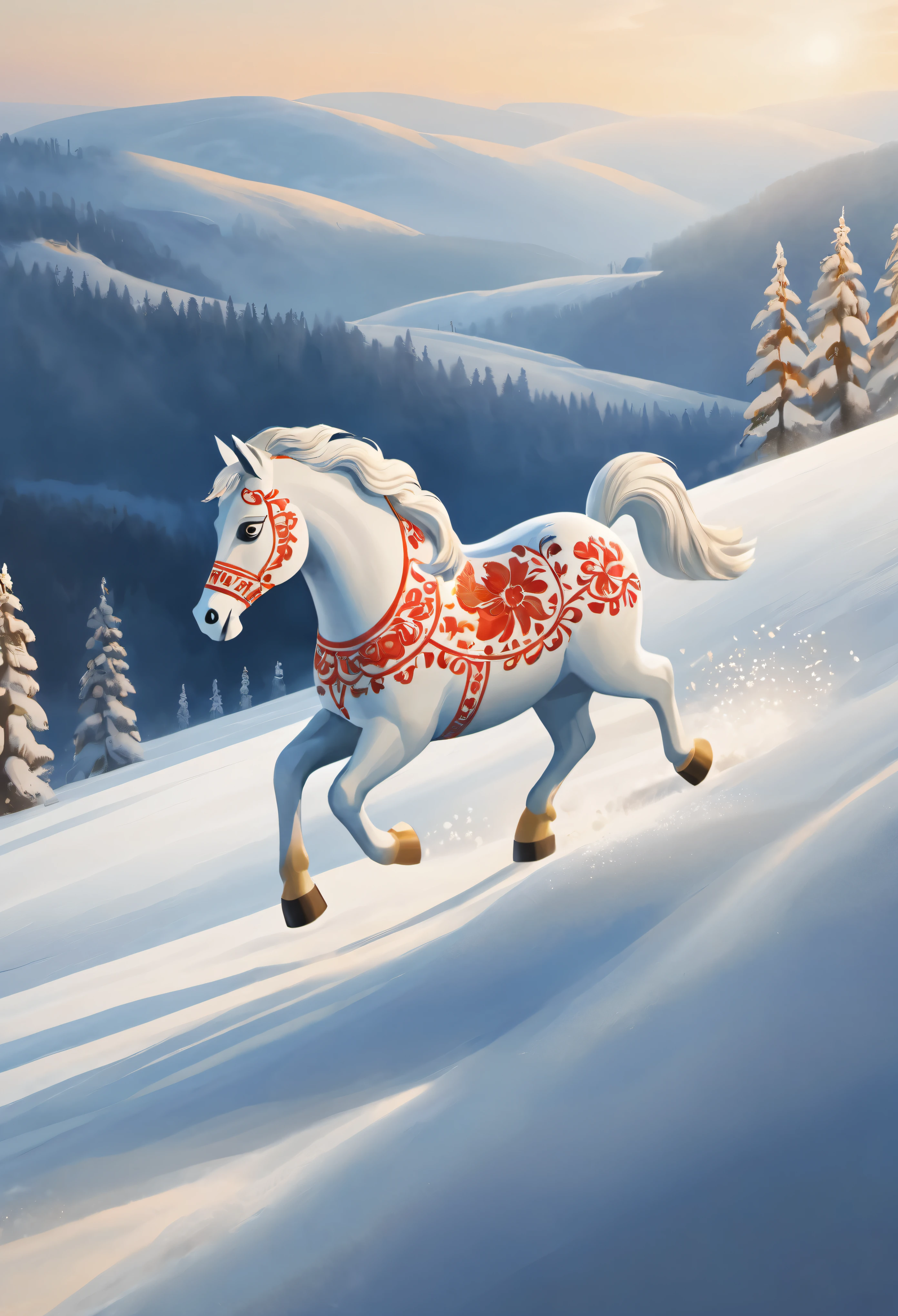 Swedish Dala horse running, Luxuriously on the snowy mountain, 17th century art style, painting, elegance, light reflected in the sky, Morning atmosphere, 4k