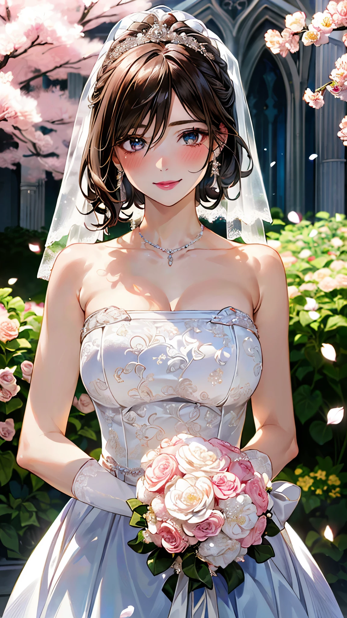 (masterpiece:1.2, top-quality, ultra high res, ultra detailed), (realistic, photorealistic:1.4), beautiful illustration, (natural side lighting, movie lighting), depth of fields,
looking at viewer, bust photo, 1 girl, , perfect face, (perfect anatomy), cute and symmetrical face, baby face, shiny skin, 
(short hair:1.5, half updo:1.5, brown hair), hair between eyes, blue eyes, pink lips, long eye lasher, (large breasts:1.3), 
beautiful hair, beautiful face, beautiful detailed eyes, beautiful clavicle, beautiful body, beautiful chest, beautiful thigh, beautiful legs, beautiful fingers, 
detailed cloth texture, wedding princess dress, head flower, headdress, (bandeau wedding dress:1.5), (silk dress:1.2), (strapless wedding dress:1.5), 
plain white dress, necklace, earring, cleavage, bouquet, (lace gloves:1.2), (bridal veil:1.2),(short transparent veil:1.2), 
(beautiful scenery), evening, (flower garden, cherry blossom, outside church) standing, (happy smile, blush), 