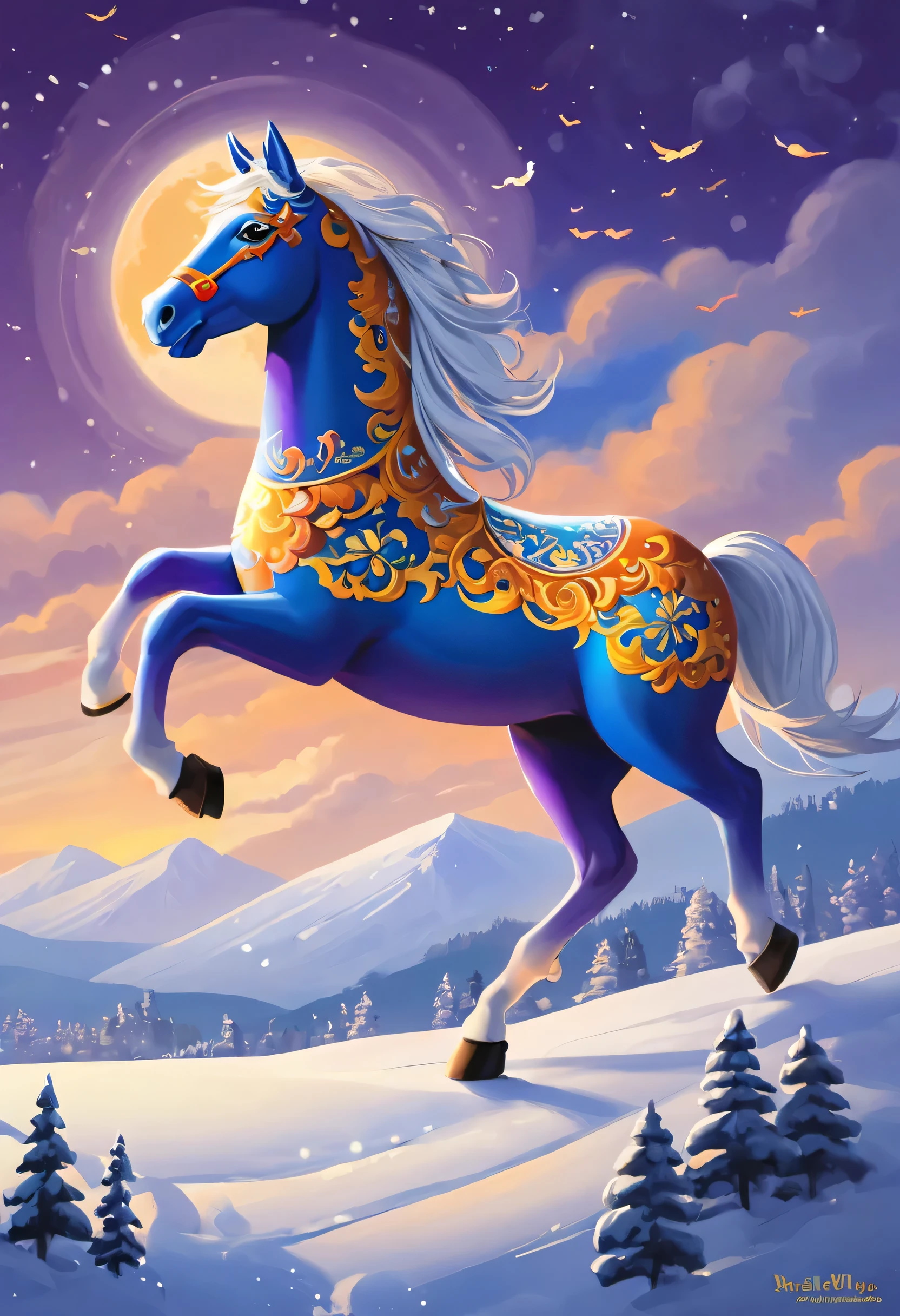 Swedish Dala horse running, Luxuriously on the snowy mountain, 17th century art style, painting, elegance, light reflected in the sky, Night atmosphere,(full moon:1.2),(meteorite:0.9),(Star Cloud:1.3),distant mountains, Tree BREAK creates art..,(warm light source:1.2),(glow worm:1.2),lamp lights,Lots of purple and orange..,detailsที่ซับซ้อน,lightตามปริมาตร,Realism BREAK(Masterpiece:1.2),(best quality),8k,มีdetailsมาก,(dynamic elements:1.4),ซึ่งมีdetailsมาก,detailsที่มีสีสัน,(rainbow colors:1.2),(light,atmosphere light),dream magical,magical,(single:1.2),((best quality)), ((Masterpiece)), (details:1.4),Maximum depth of field and clarity,perfect proportions,fluttering clouds,wallpapers