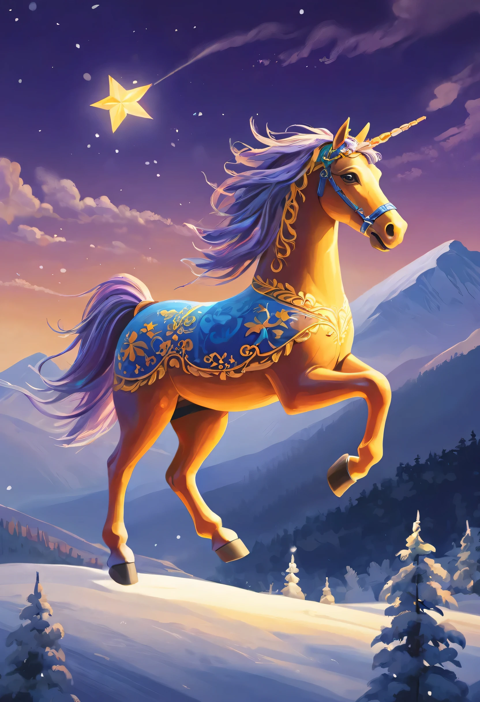 Swedish Dala horse running, Luxuriously on the snowy mountain, 17th century art style, painting, elegance, light reflected in the sky, Night atmosphere,(full moon:1.2),(meteorite:0.9),(Star Cloud:1.3),distant mountains, Tree BREAK creates art..,(warm light source:1.2),(glow worm:1.2),lamp lights,Lots of purple and orange..,detailsที่ซับซ้อน,lightตามปริมาตร,Realism BREAK(Masterpiece:1.2),(best quality),8k,มีdetailsมาก,(dynamic elements:1.4),ซึ่งมีdetailsมาก,detailsที่มีสีสัน,(rainbow colors:1.2),(light,atmosphere light),dream magical,magical,(single:1.2),((best quality)), ((Masterpiece)), (details:1.4),Maximum depth of field and clarity,perfect proportions,fluttering clouds,wallpapers