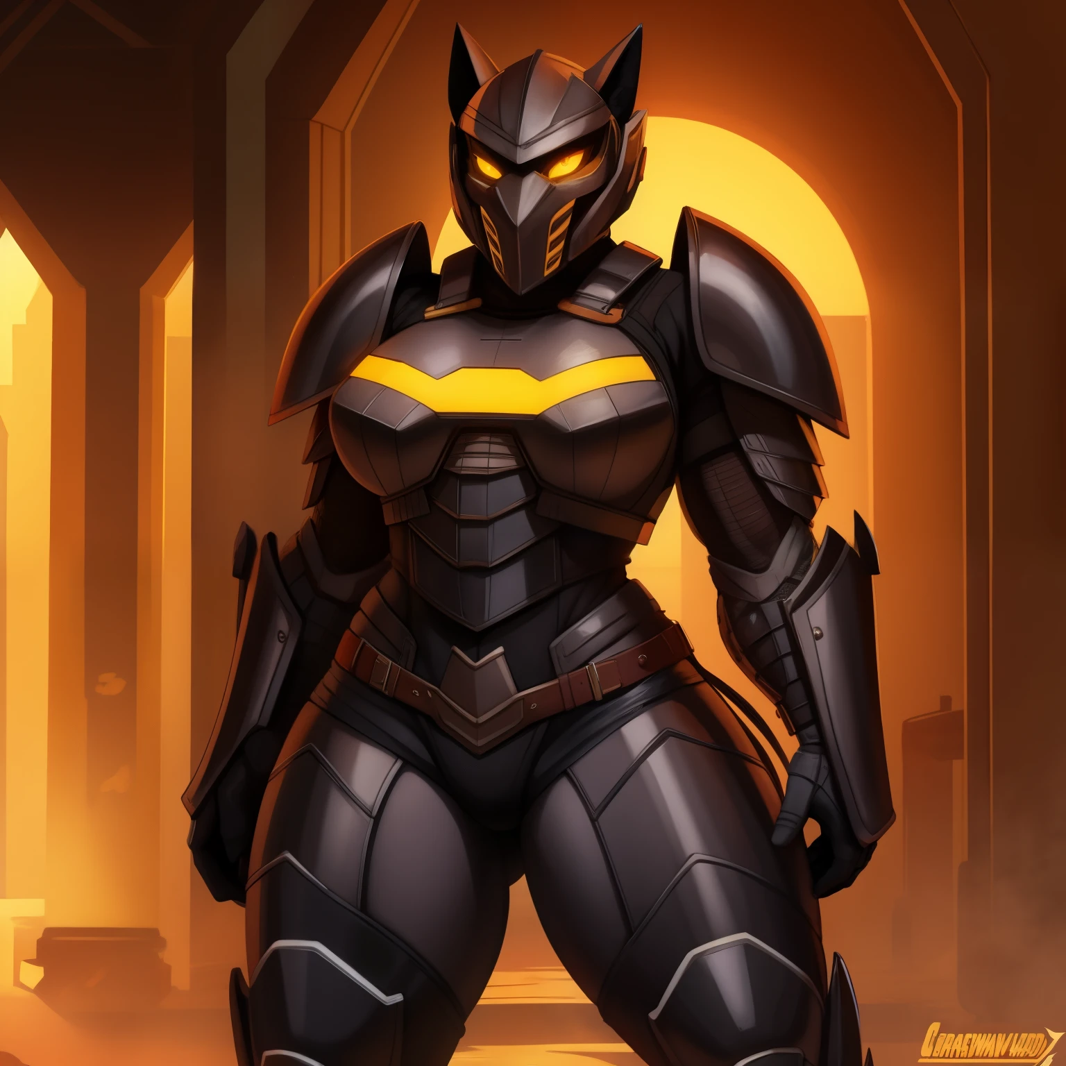 muscular_mature_werewolf female black_furry_body yellow_eyes solo Masterpiece best_quality absurdres highly_detailed well_drawn_eyes anthro_only by_claweddrip, by_greasymojo, by_underscore-b, by_runawaystride heavy_power_armor exoskeleton thick_armor thick_breastplate full_armor