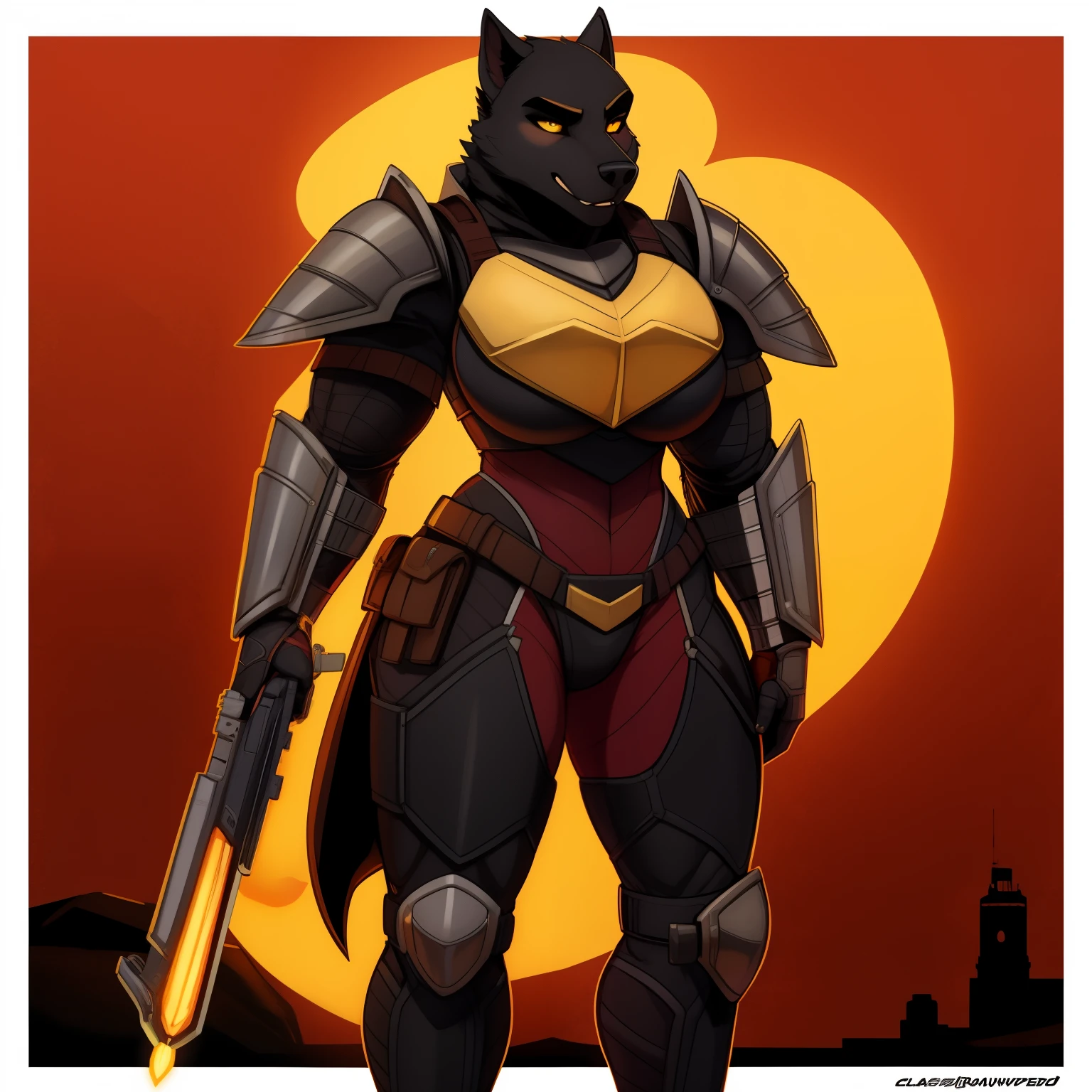 muscular_mature_werewolf female black_furry_body yellow_eyes solo Masterpiece best_quality absurdres highly_detailed well_drawn_eyes anthro_only by_claweddrip, by_greasymojo, by_underscore-b, by_runawaystride heavy_power_armor exoskeleton thick_armor thick_breastplate full_armor