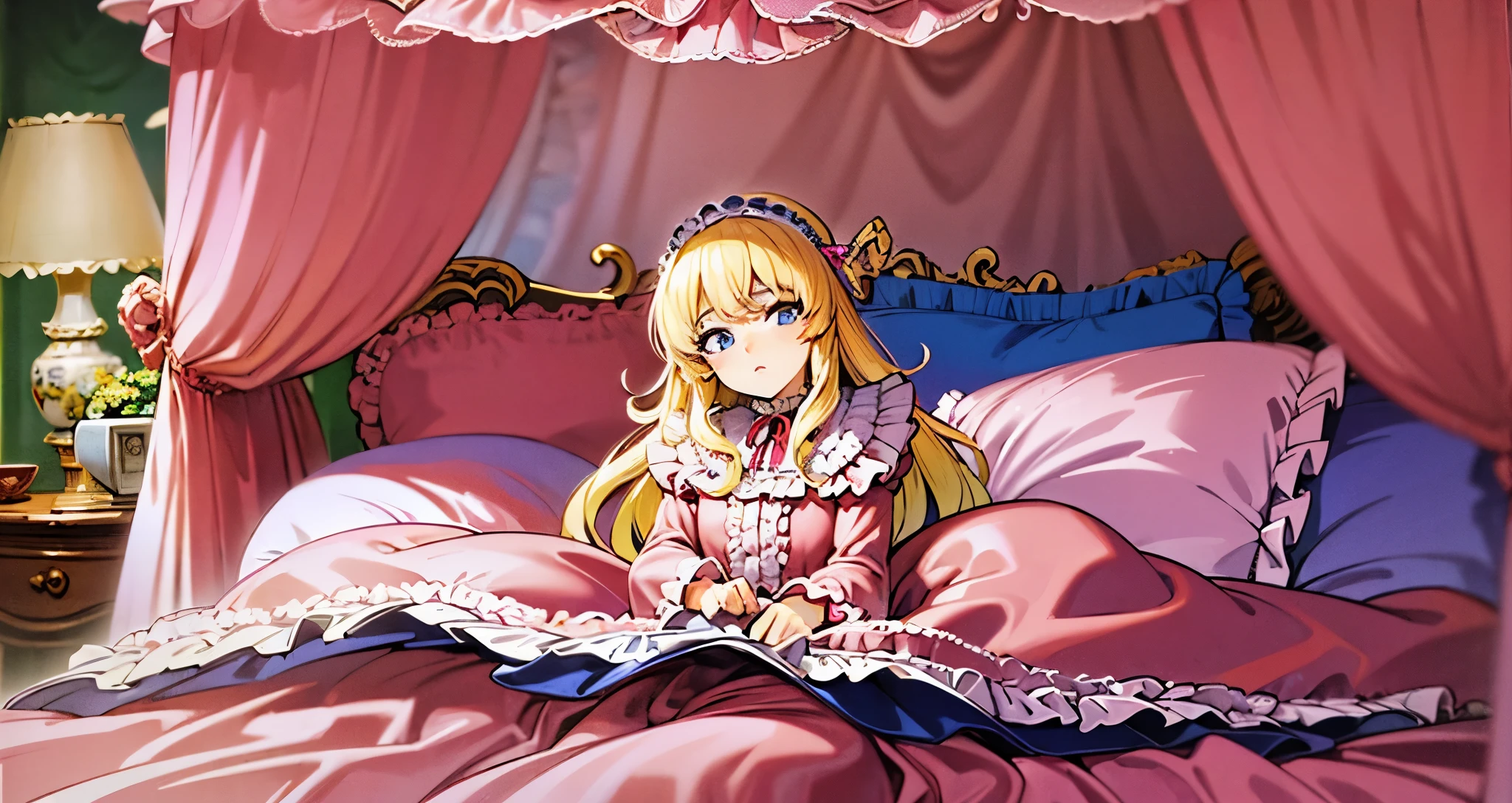 ,highest quality, masterpiece, highest resolution, artwork, super それにget used to it, many get used to it, get used to it, それにget used to it, 3K anime illustration,(( 10 year old girl)),Super detailed baby face,high quality small face,long blonde hair that grows to the waist,blue eyes,白い肌のeuropean,pajamas, european,(((super long blonde hair))),curly hair,blue eyes,((((ピンクのロリータファッションのlong skirtのワンピースドレス)))),((Pink dress with lots of frills and ribbons)),((Luxurious headdress with frills and ribbons)),detailed headdress,,(((big yoke collar))),Yoke collar with ruffles and ribbons,((((long sleeve)))),ruffle sleeves,((((long skirt)))),white ruffle and lace socks,large frill and ribbon pillow,(((Nice pink outfit))),豪華なcanopy bedの上,canopy bed,The bed is surrounded by luxurious curtains,many frilly pillows on the bed,There are many frilly pillows behind the girl.,super detailed background,detailed bed,soft pink comforter,Highly detailed soft ruffle pillow,Beautiful girl illustration,detailed beautiful face,fine hair,detailed eye ,detailed eyes,detailed mouth, arm details,fine hands,Detailed pillow,wide bed,Illustration on the bed, ,((((round futon)))),((((A large ruffled futon that covers the entire bed)))),detailed comforter,detailed bedシーツ,Before bedtime,romantic atmosphere,palace bedroom,((((The lower half of the body is hidden under the futon and the puffy skirt....)))) The girl is leaning on a pile of pillows, ,((((round futon)))),((((A large ruffled futon that covers the entire bed)))),