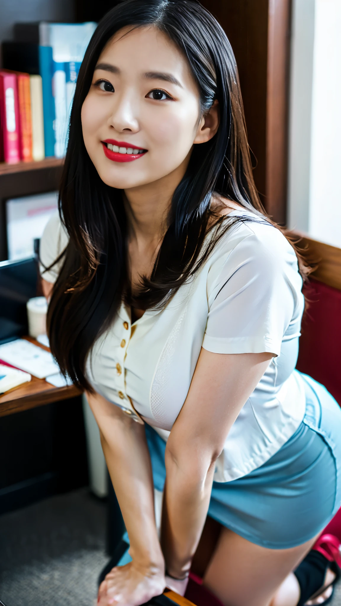 Cinematic film still, 50 mm, beautiful asian girl with [Coral:0.65] medium straight hair,(((black hair))), full body, 1girl,((30 years old asian girl)), ((pawg, huge breast, fat body,pretty sweaty)),((extremely pale white skin)),((mini skirt)), ((dress-shirts)), ((nylon stockings)), ((open-toe heels)),((beautiful makeup)), ((bright red lipstick)), ultra detailed face, ((squatting pose at office)), (((seductive smile))),(((face focus, look at viewer))), ((ultra detailed mate skin, ultra detailed pores)), ((ecstasy)), ((embarrassed:1.1, blush)), orgasm face, O-face, warm lighting, . shallow depth of field, vignette, highly detailed, high budget, bokeh, cinemascope, moody, epic, gorgeous, film grain, grainy, full-body shot, masterpiece, 8k, ultra-high resolution