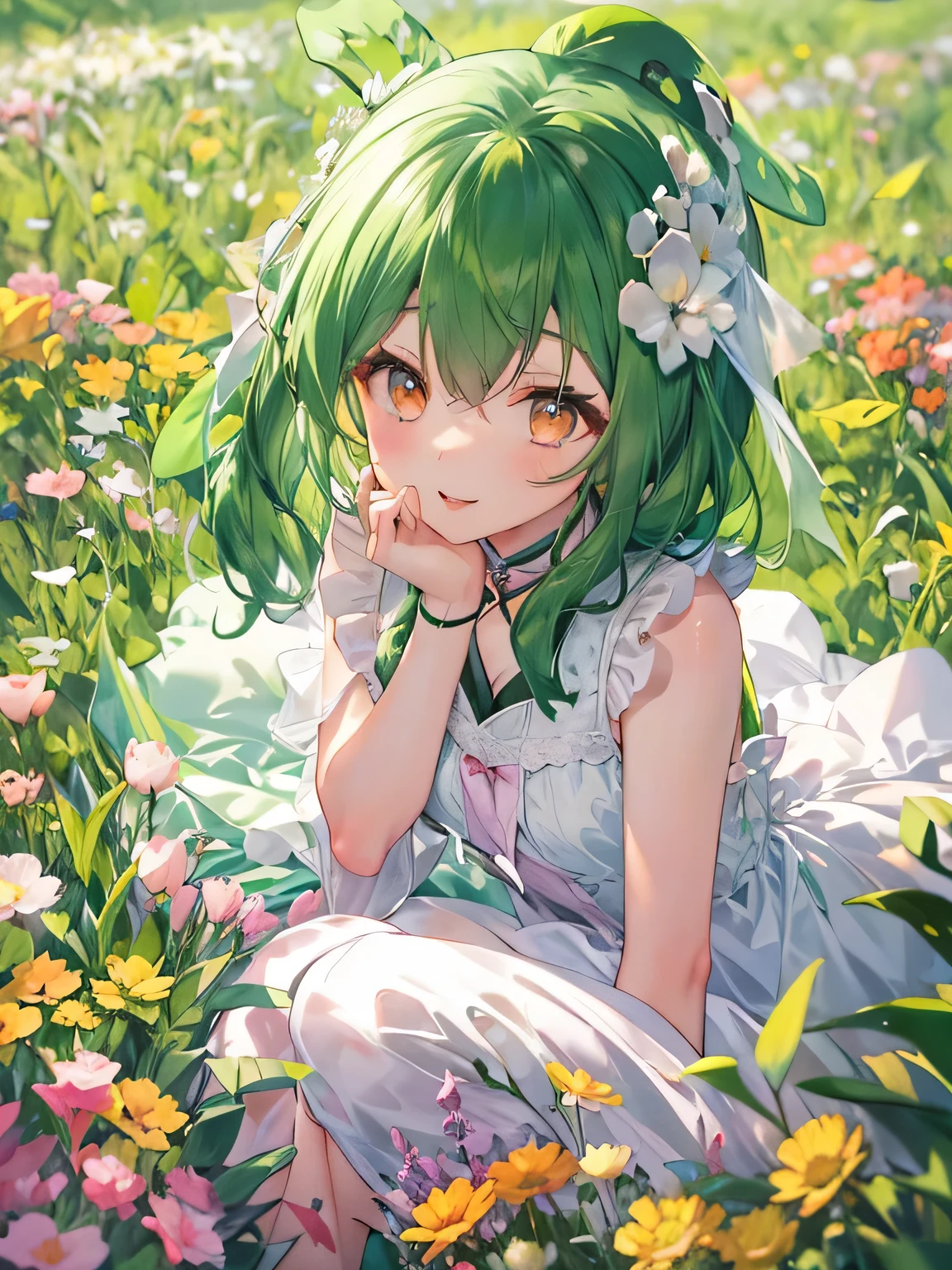 (masterpiece, highest quality),One adult girl sitting in a green flower field, dark green hair,eyes are yellow,mouth, lips, teeth, smile, place your hand under your chin, warm lighting, white dress, Medium chest, waist , thick legs, thick thighs