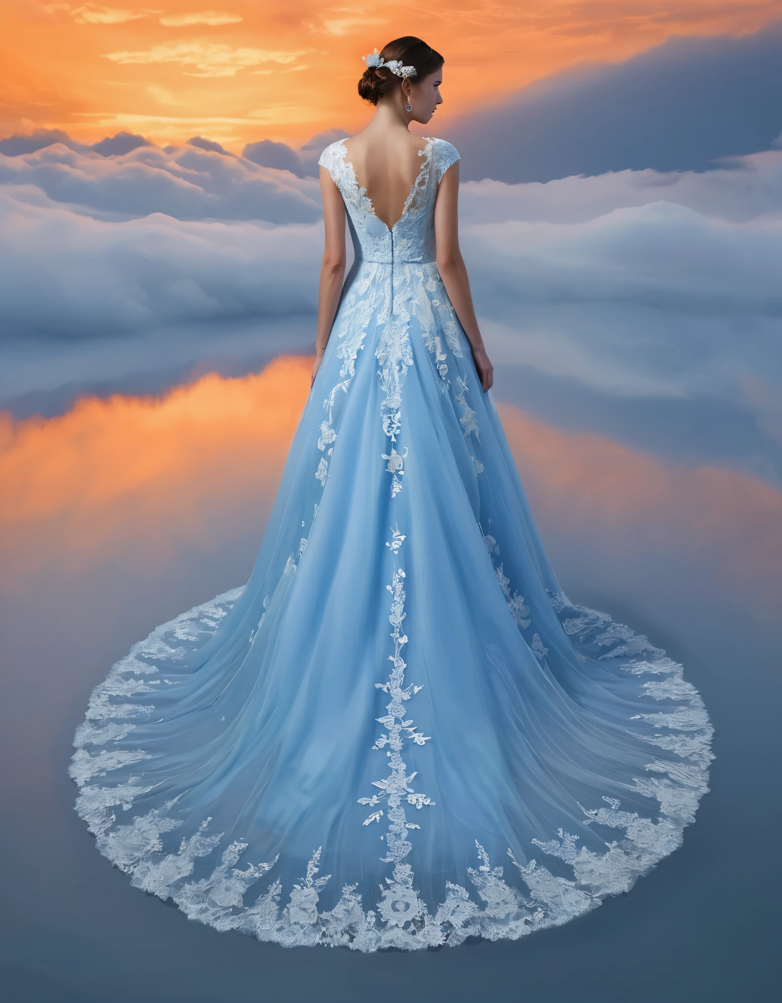 A woman in a blue dress standing on a beach at sunset - SeaArt AI