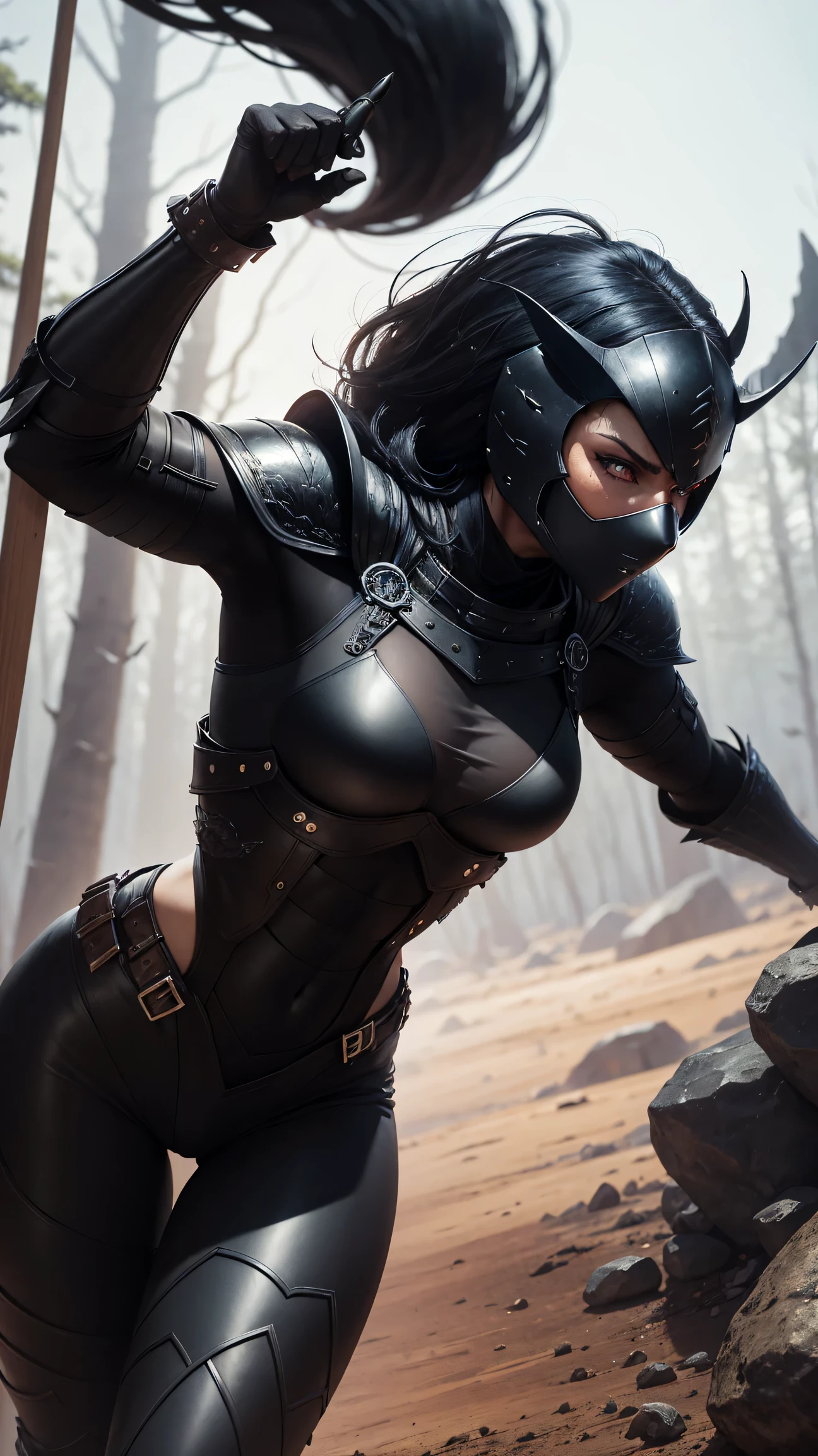 anthro (black scorpion), female, adult, fit, wears black body armor, wields knives, detailed background, wilderness background, photorealistic, hyper realistic, ultra detailed