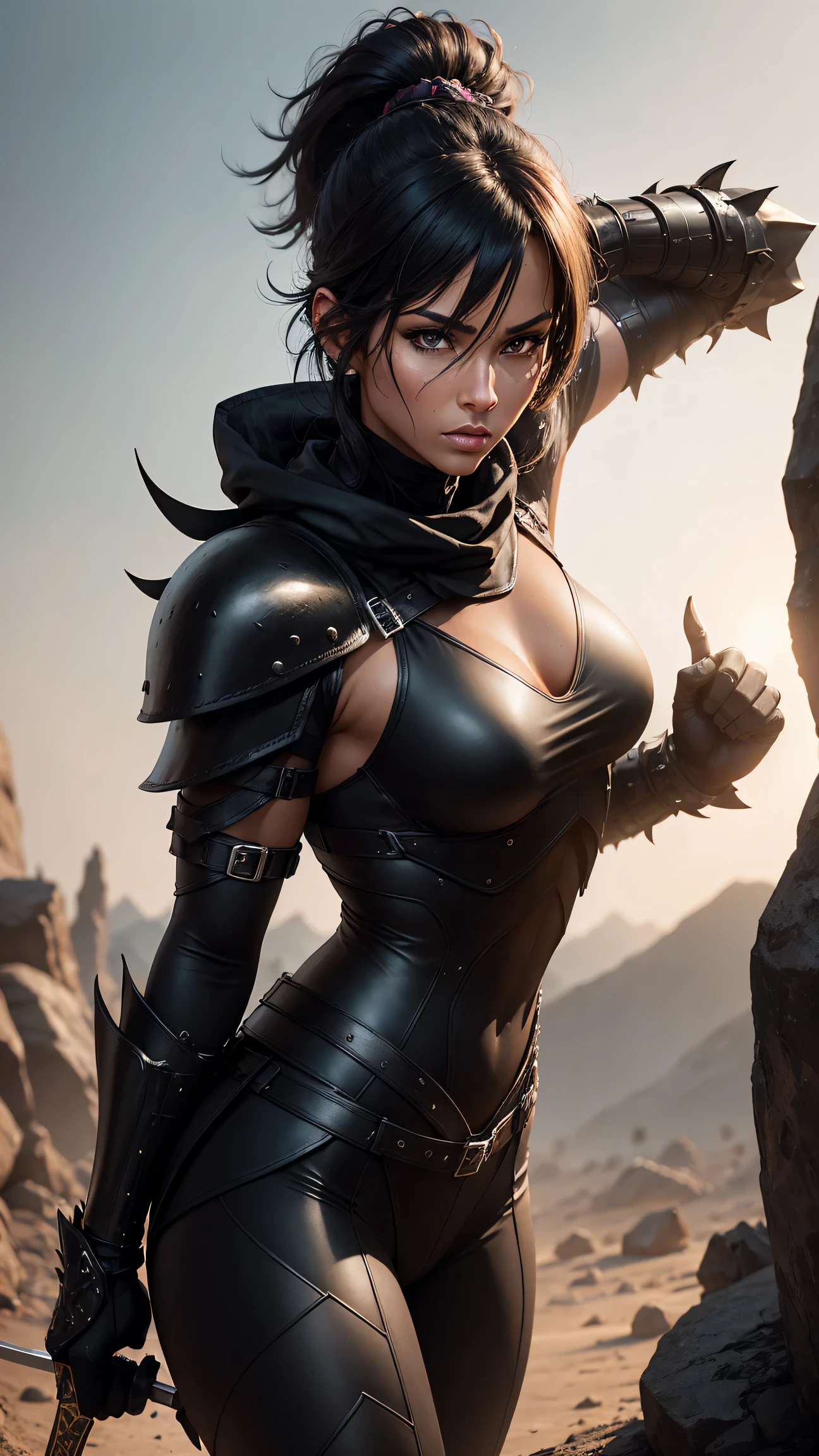 anthro (black scorpion), female, adult, fit, wears black body armor, wields knives, detailed background, wilderness background, photorealistic, hyper realistic, ultra detailed