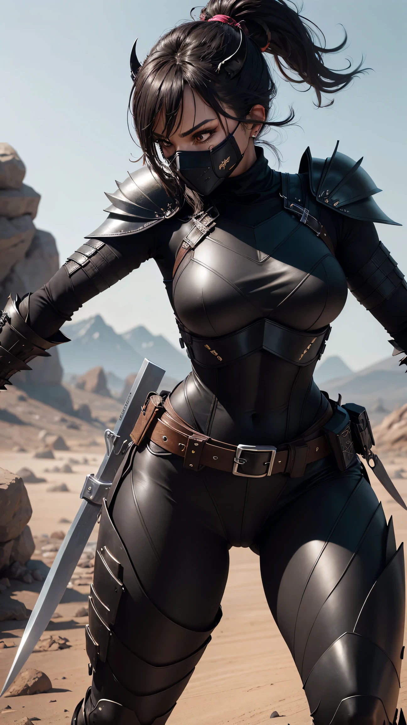 anthro (black scorpion), female, adult, fit, wears black body armor, wields knives, detailed background, wilderness background, photorealistic, hyper realistic, ultra detailed