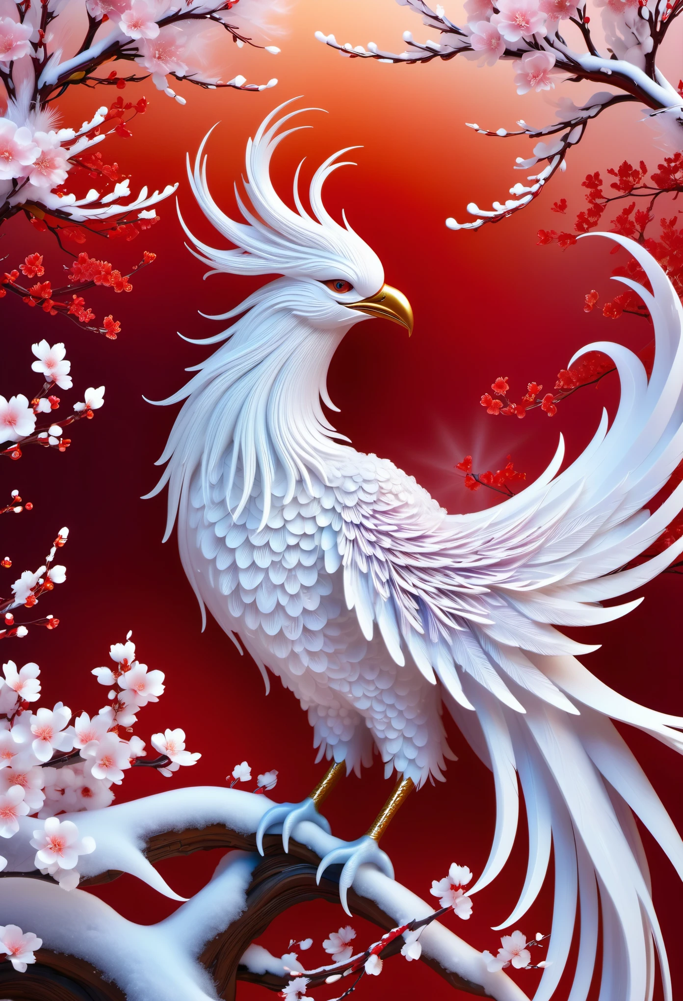 (((The majestic and sacred phoenix in the misty and beautiful rime ice:1.3))), Feathers sparkle in the light, Delicate frost layers and intricate patterns, Stunning frozen beautiful cherry blossom canvas, Brushstrokes create stunning sculptures，seems to defy gravity, Immerse yourself in the mesmerizing charm, sparkling surface，intricate details, (((intricate details品质:1.3))), Includes alcohol ink, Mythological background beauty and elegance，intricate details, style rendering,