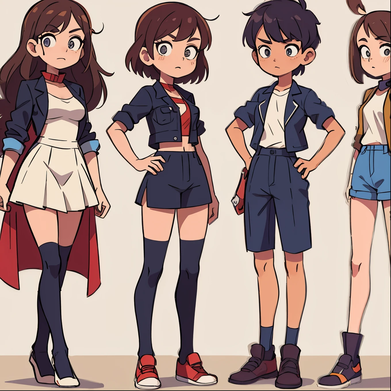 Modern outfits, standing pose, different angles, character sheet
