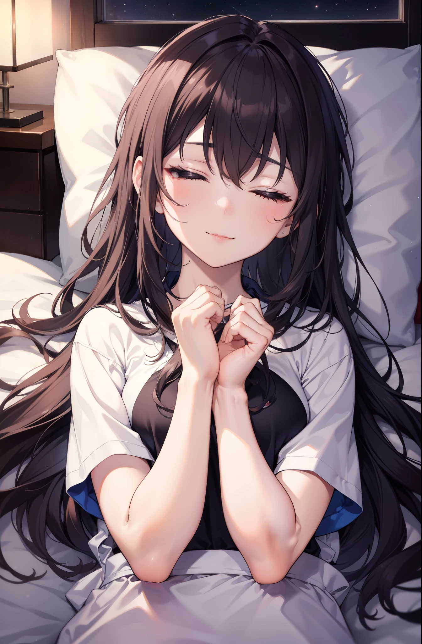 for profit, utaha kasumigaoka, black hair,  long hair, smile,windows，romantic starry sky，sleeping with both eyes closed,A meteor crosses,T-shirt,black string underwear,sleeping in bed,night,moonlight,sleep with your head on the pillow,Sleeping lying on your back in bed,dark room, barefoot　　　　　　　　　　　　　　　　　　
break indoors,Bedroom,
break (masterpiece:1.2), highest quality, High resolution, unity 8k wallpaper, (figure:0.8), highly detailed face, perfect lighting, Very detailed CG, (perfect hands, perfect anatomy),