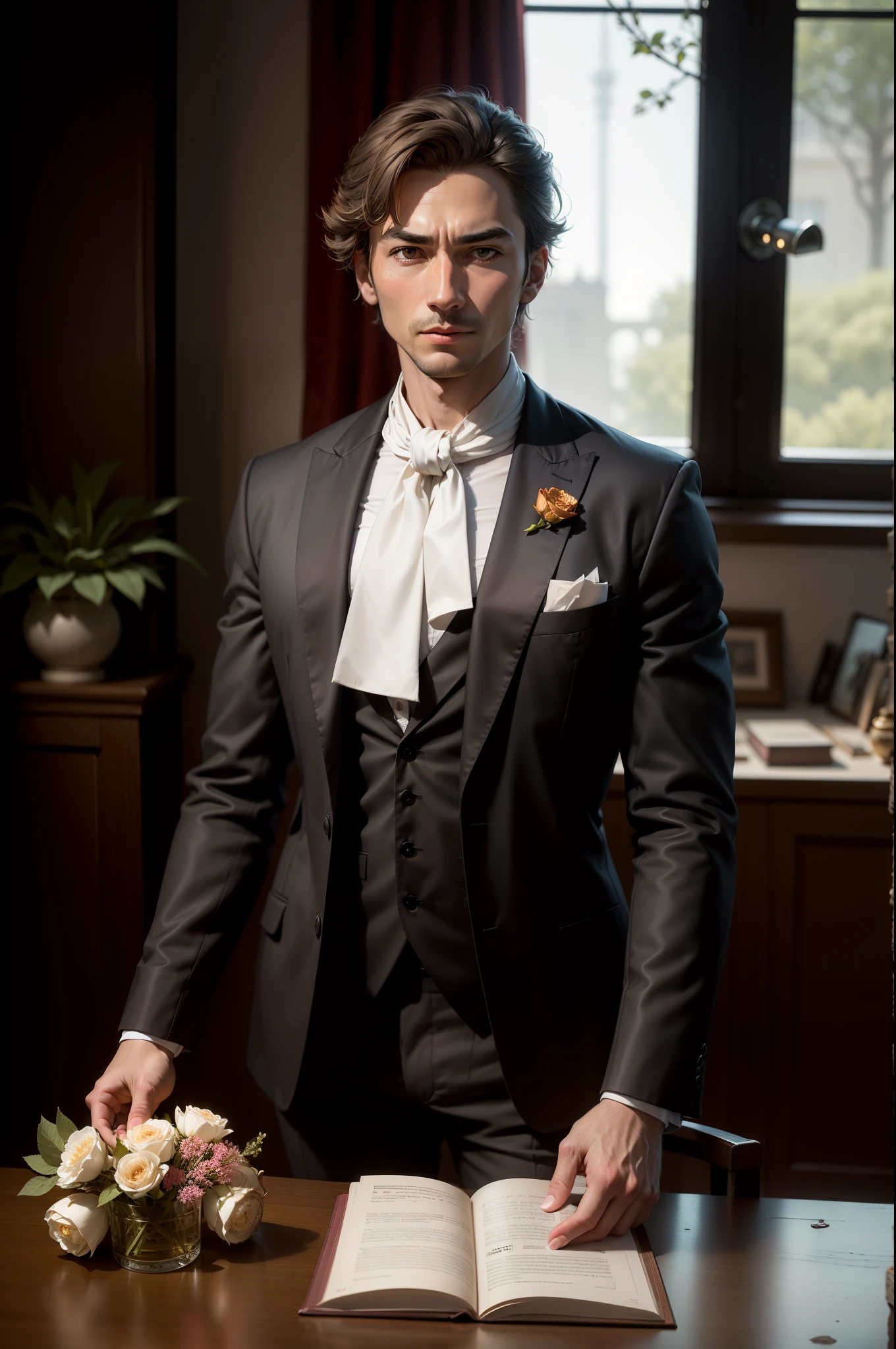 a man (40 years old) an aristocrat, (((amber))), stands next to the table, athletic figure, broad shoulders and narrow hips, a man in a rich black suit, a neckerchief with a brooch ((white neckerchief)), (((gray eyes, narrow lips and straight nose, powerful chin))), On the table there is a vase with flowers and a book, behind the back there is a floor lamp and a large window to the floor, night, soft moonlight and light from lamps, the world of Rembrandt, Detailed art, many details and intricate patterns, The cover of a love fantasy, completely height