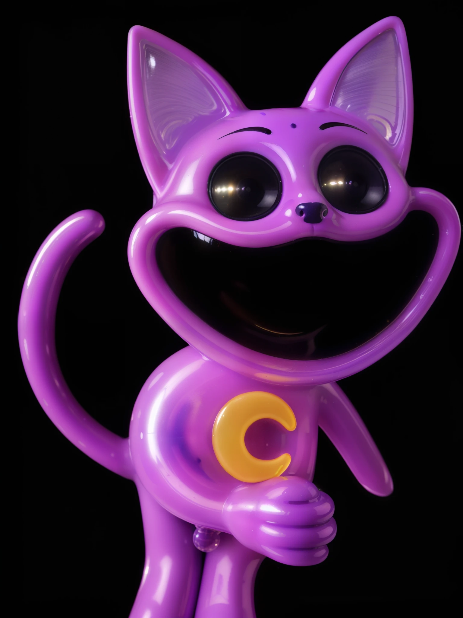 violet cat plastic toy, cat toy, game character, videogame character, creepy cat, large creepy dark smile, cat with creepy smile and red eyes, insane, d, cat toy,  glossy texture, smooth 3d model, multiple light sources, rim light, sharp post effects render, (glossy plastic texture with multiple big light probe refractions), perfect cgi,  smooth silhouette, high intensity refraction, (super glossy plastic material), most beautiful vfx, , realistic, 4k, high resolution, rim light,  smooth 3d model, multiple light sources, rim light, sharp post effects render,, realistic, 4k, high resolution, rim light detailed digital art, reflective, best quality, 4k, masterpiece:1.2, ultra-detailed, realistic, vivid colors, The image of the highest quality, ensuring every detail showcased perfectly. It in 4k resolution, allowing viewers to immerse themselves in the richness of the colors and intricate details. The realistic rendering. under the spotlight, reflecting, high-resolution image, realistic rendering