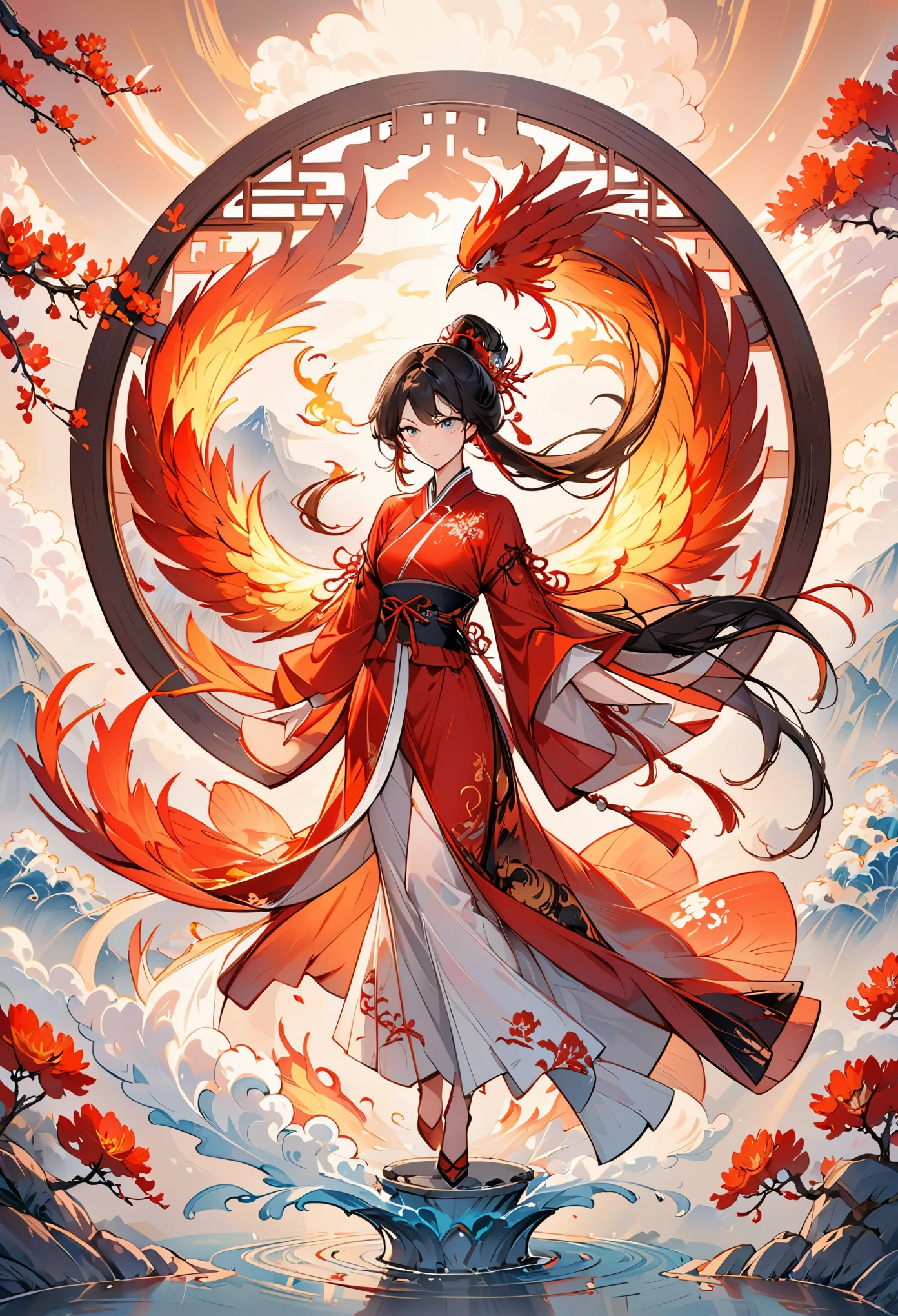 (masterpiece), best, 8k wallpapers, illustrations,full body,beautiful eyes, facial contours, beauty
Long black hair, (the background is round Chinese elements, red Chinese elements, ancient Chinese costumes, Phoenix, Zen, Realm, Tao, Fantastic)