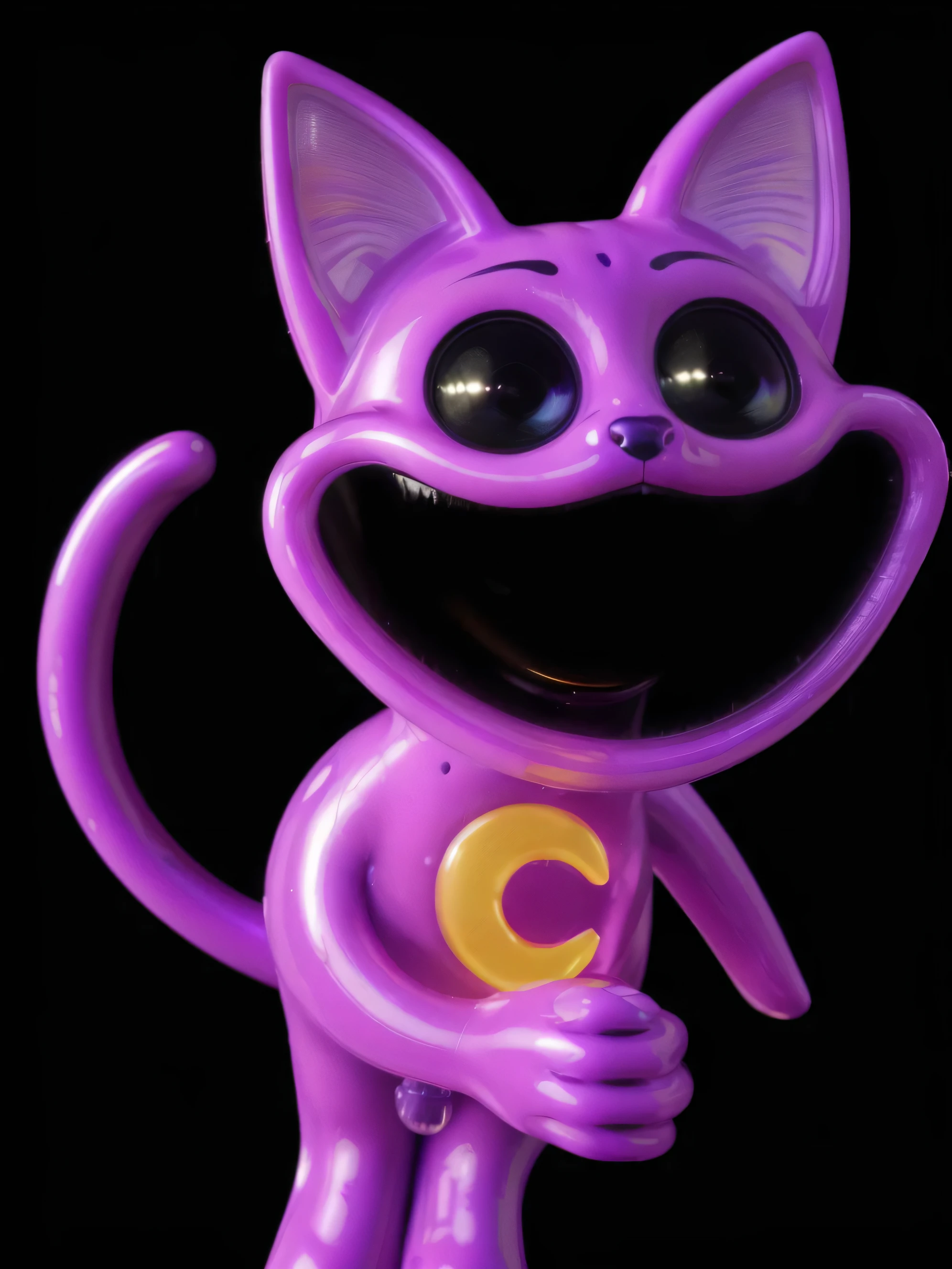 violet cat plastic toy, cat toy, game character, videogame character, creepy cat, large creepy dark smile, cat with creepy smile and red eyes, insane, d, cat toy, glossy texture, smooth 3d model, multiple light sources, rim light, sharp post effects render, (glossy plastic texture with multiple big light probe refractions), perfect cgi, smooth silhouette, high intensity refraction, (super glossy plastic material), most beautiful vfx, , realistic, 4k, high resolution, rim light, smooth 3d model, multiple light sources, rim light, sharp post effects render,, realistic, 4k, high resolution, rim light detailed digital art, reflective, best quality, 4k, masterpiece:1.2, ultra-detailed, realistic, vivid colors, The image of the highest quality, ensuring every detail showcased perfectly. It in 4k resolution, allowing viewers to immerse themselves in the richness of the colors and intricate details. The realistic rendering. under the spotlight, reflecting, high-resolution image, realistic rendering