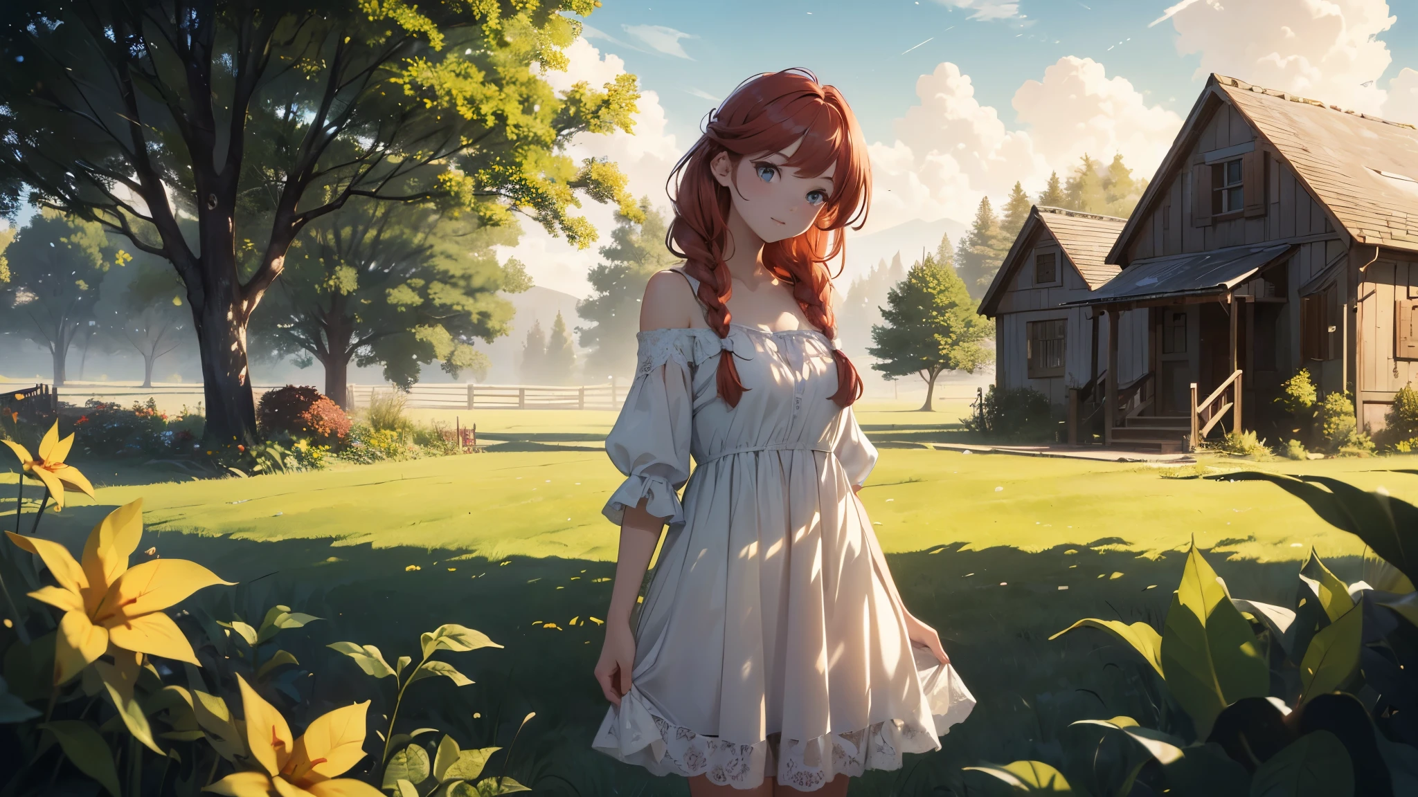 ((masterpiece,best quality,ultra detailed,ultra high res,detailed country yard background)), soft realistic focus, dynamic shadows, realistic image, vibrant colors,light leaks,dreamy atmosphere,chiaroscuro,BREAK
experimental charm, The girl is depicted in full growth, you see the girl from head to toe, nostalgic appeal, country girlfriend, she take you with yourself, simple open short dress, soft mischievous smile, freckles, shiny light red hair, she will take your hand, thick braids, Cold dawn, More real than reality, Like woke up from a nightmare