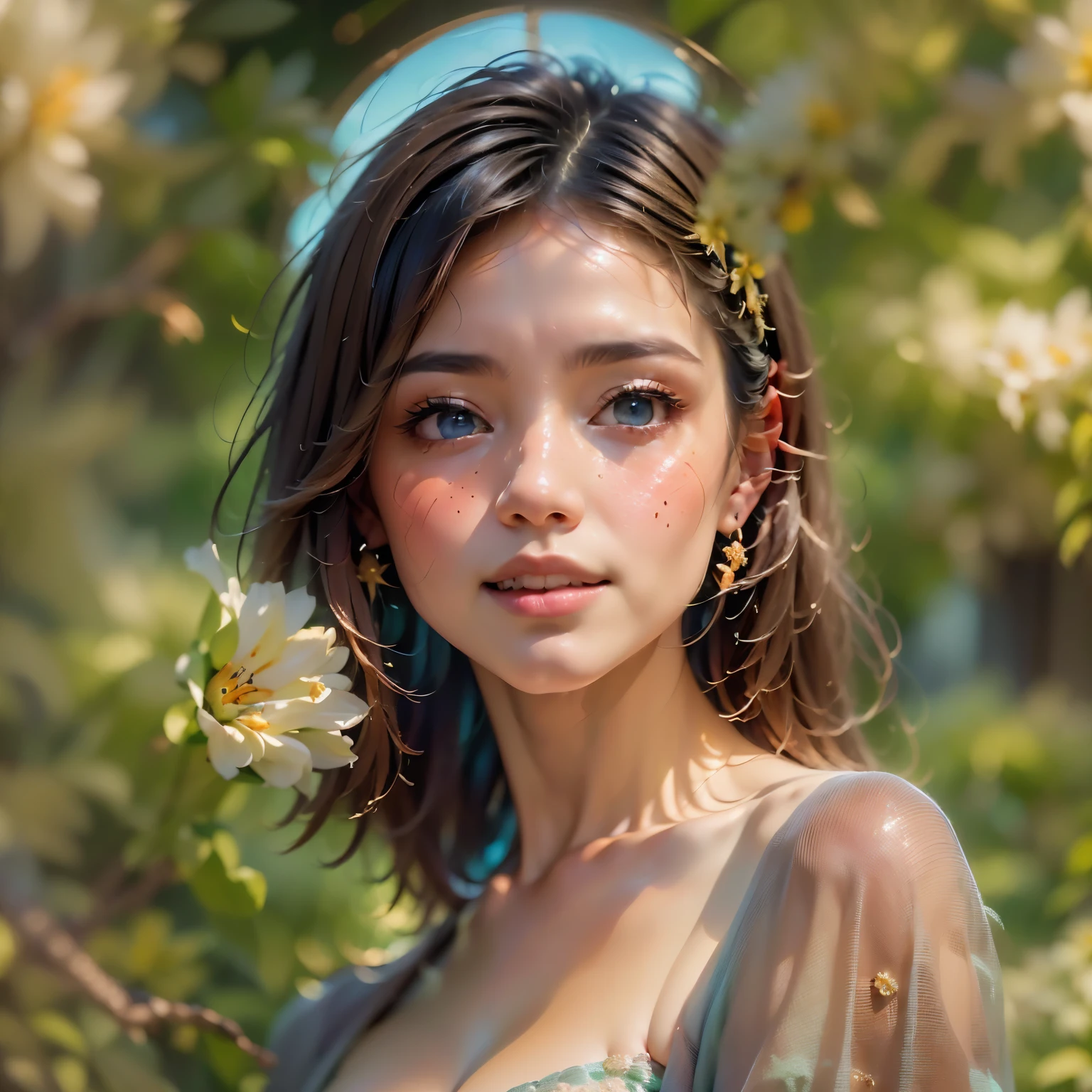 ((best quality, high resolution, sharp image, detailed background,girl, flower,garden,starry sky)). ((Best quality, ultra detail, realism: 1.37), (1 girl - solo, full-length, waist-high, free - relaxed pose, standing), (girl, flower, garden, Starry sky,) (fashionable pink dress, open shoulders, neckline, wide short bell, decorated with modern flowers)). ((Beautiful eyes, luscious lips, detailed facial features, gorgeous smile), (piercing seductive gaze, freckles, jewelry, wild and rebellious look, soft and charming lips, glossy lips), (luxurious jewelry, exquisite details of eyelashes and eyebrows, flawless complexion, radiant skin), (bewitching look, bright eyes), (sparkling diamonds, shimmering gemstones), (playful expression, natural beauty)). ((Settings, soft light, shadows). (background, composition in the Art Nouveau style - abstraction, complements the overall composition favorably.) (wallpaper, Mango season, Green plum, Warm weather, Early morning sun, HD detail, wet watermark, cinematic, surrealism, Soft light, Deep focus, bokeh, ray tracing, Diffusion (reflection from ultra-thin glass and surrealism)).((Painted realism, oil painting, modern, great master)).