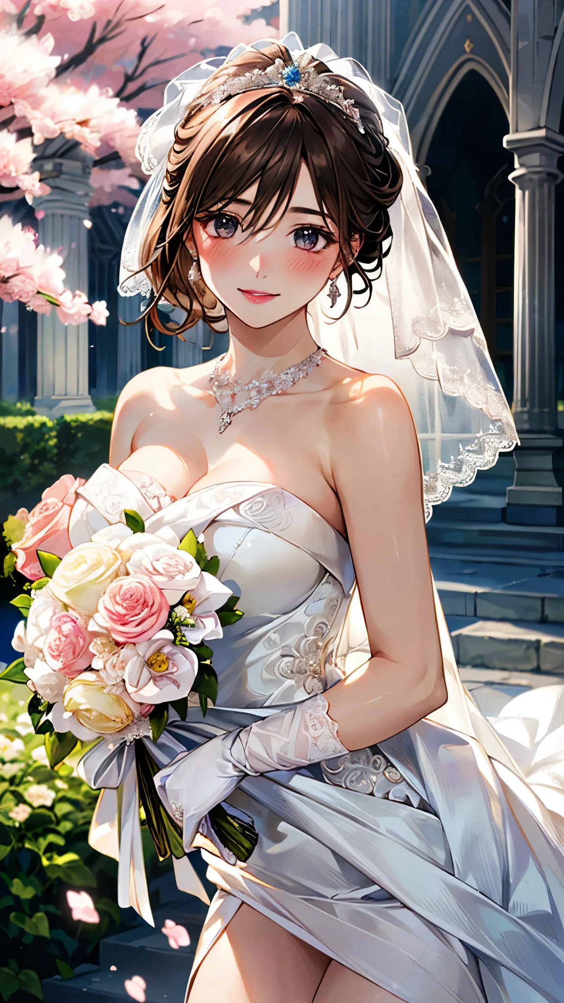 (masterpiece:1.2, top-quality, ultra high res, ultra detailed), (realistic, photorealistic:1.4), beautiful illustration, (natural side lighting, movie lighting), depth of fields,
looking at viewer, bust photo, 1 girl, , perfect face, (perfect anatomy), cute and symmetrical face, baby face, shiny skin,
(short hair:1.5, half updo:1.5, brown hair), hair between eyes, blue eyes, pink lips, long eye lasher, (large breasts:1.3),
beautiful hair, beautiful face, beautiful detailed eyes, beautiful clavicle, beautiful body, beautiful chest, beautiful thigh, beautiful legs, beautiful fingers,
detailed cloth texture, wedding princess dress, head flower, headdress, (bandeau wedding dress:1.5), (silk dress:1.2), (strapless wedding dress:1.5),
plain white dress, necklace, earring, cleavage, bouquet, (lace gloves:1.2), (bridal veil:1.2),(short transparent veil:1.2),
(beautiful scenery), evening, (flower garden, cherry blossom, outside church) standing, (happy smile, blush),