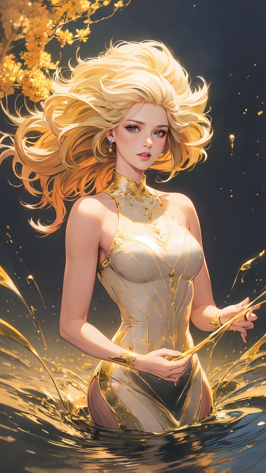 best quality, masterpiece, upper body,
(adult:1.6) hungarian woman, (smirk:0.4), arms behind head,
braided golden hair,
sparkling eyes,
victorian sundress,
floating light particles, centered,