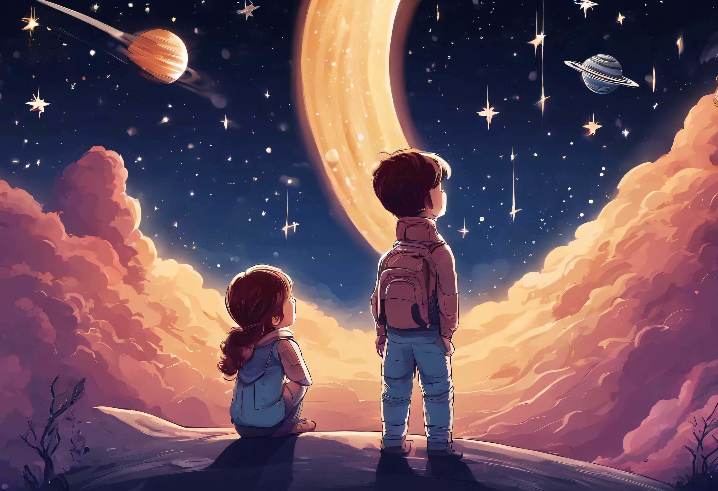 A fun picture of a boy and girl looking up at the night sky with stars and a shooting star