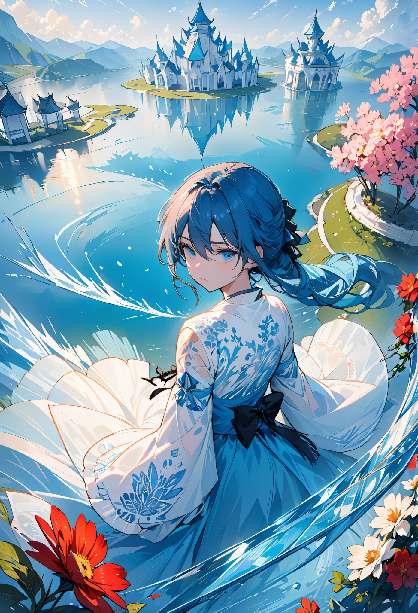 (((masterpiece))),best quality, illustration,(beautiful detailed girl),beautiful detailed glow,detailed ice,beautiful detailed water,(beautiful detailed eyes),expressionless,(floating palaces),azure hair,disheveled hair,long bangs, hairs between eyes,(skyblue dress),black ribbon,white bowties,midriff,{{{half closed eyes}}},big forhead,blank stare,flower,large top sleeves