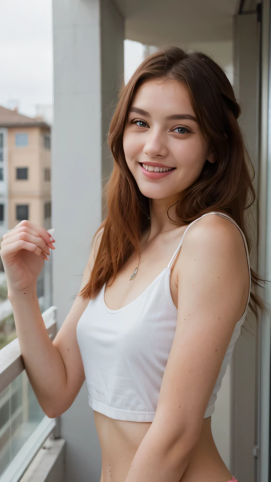 20-year-old woman with light red hair and blue eyes without dark circles, 160cm tall, rosy cheeks and pink lips smiling in the sun on the balcony with her hand on her chin