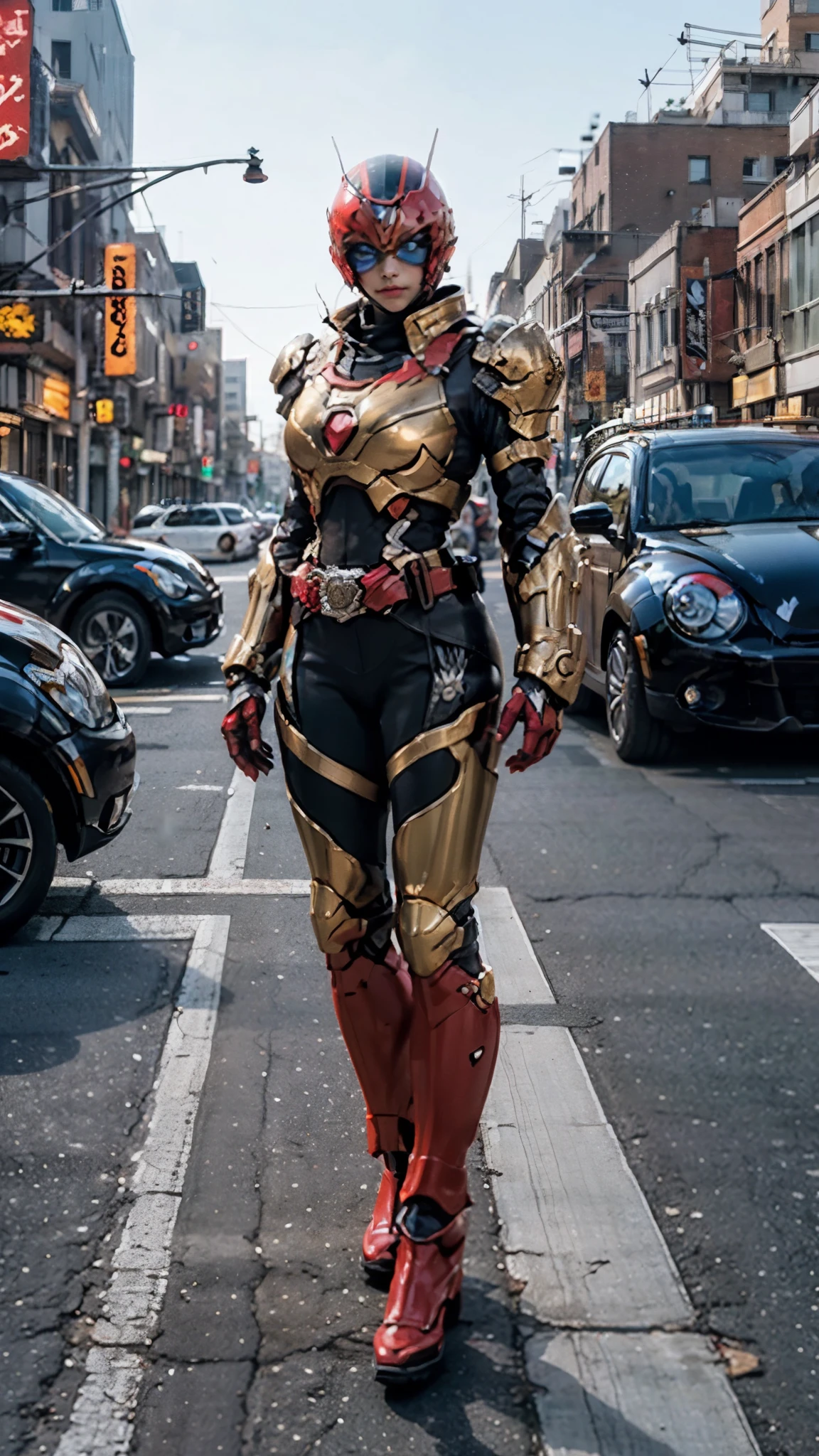 A woman adorned in fantasy-style full-body armor, a crown-concept fully enclosed helmet that unveils only her eyes, a composite layered chest plate, fully encompassing shoulder and hand guards, a lightweight waist armor, form-fitting shin guards, the overall design is heavy-duty yet flexible, ((the armor gleams with a golden glow, complemented by red and blue accents)), exhibiting a noble aura, she floats above the Futuristic city, this character embodies a finely crafted fantasy-surreal style armored hero in anime style, exquisite and mature manga art style, (beetle concept Armor, photorealistic:1.4, real texture material:1.2), ((city night view, elegant, goddess, femminine:1.5)), metallic, high definition, best quality, highres, ultra-detailed, ultra-fine painting, extremely delicate, professional, anatomically correct, symmetrical face, extremely detailed eyes and face, high quality eyes, creativity, RAW photo, UHD, 32k, Natural light, cinematic lighting, masterpiece-anatomy-perfect, masterpiece:1.5