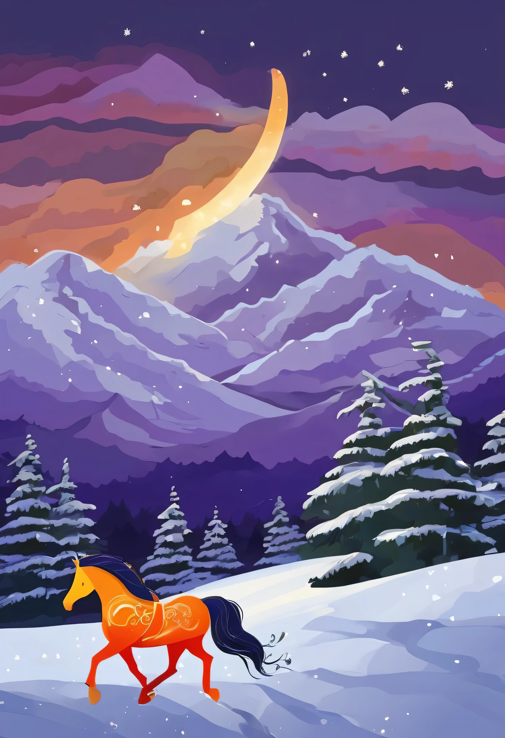 Swedish Dala horse running, Luxuriously on the snowy mountain, 17th century art style, painting, elegance, light reflected in the sky, Night atmosphere,(full moon:1.2),(meteorite:0.9),(Star Cloud:1.3),distant mountains, Tree BREAK creates art..,(warm light source:1.2),(glow worm:1.2),lamp lights,Lots of purple and orange..,detailsที่ซับซ้อน,lightตามปริมาตร,Realism BREAK(Masterpiece:1.2),(best quality),8k,มีdetailsมาก,(dynamic elements:1.4),ซึ่งมีdetailsมาก,detailsที่มีสีสัน,(rainbow colors:1.2),(light,atmosphere light),dream magical,magical,(single:1.2),((best quality)), ((Masterpiece)), (details:1.4),Maximum depth of field and clarity,perfect proportions,fluttering clouds,wallpapers