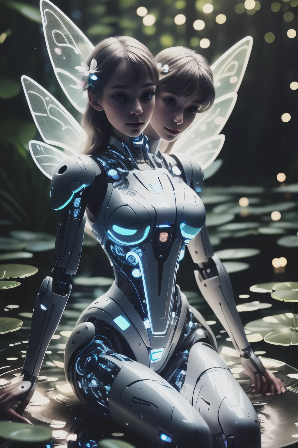 fantchar, a delicate AI robot fairy with tron circuit skin wearing a futuristic evening gown and sitting on an organic charging station with a pond full of lily pads and fireflies in the background, moonlit night, ethereal, iridescent, glowing lights illuminating from within, celestial, serene, beautiful, wings, close-up, robotic limbs, realistic, highly detailed, intricate, face lighting, (two heads)