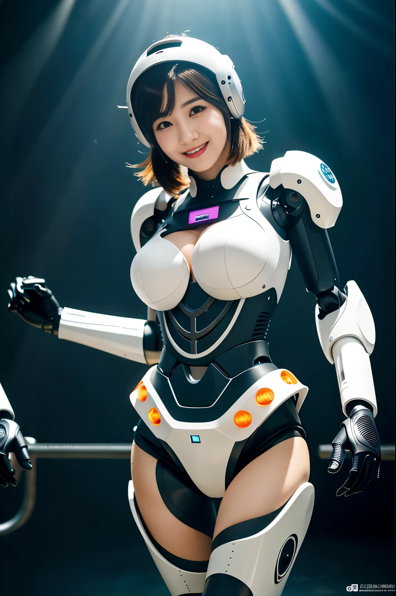 (((a powered exoskeleton))),(((foot robot armor))),(((robot helmet))),(((robot arm equipment))),(((first pump))),(((bare inner thigh))),(((Show cleavage))), (((double-breasted, underbust:1.2))), ulzzang-6500-v1.1, (Raw photo:1.2), (Photo realistic:1.4), a beautiful detailed girl, extremely detailed eye and face, beautiful detailed eyes, ultra-detailed, High resolution, top-quality, masterpiece, highly detailed, 8k wallpaper, Wonderful, finely detail, top-quality, Light on the face, movie lighting, 1girl in, (robot hangar), Beautiful eyes, smile, Opening Mouth
