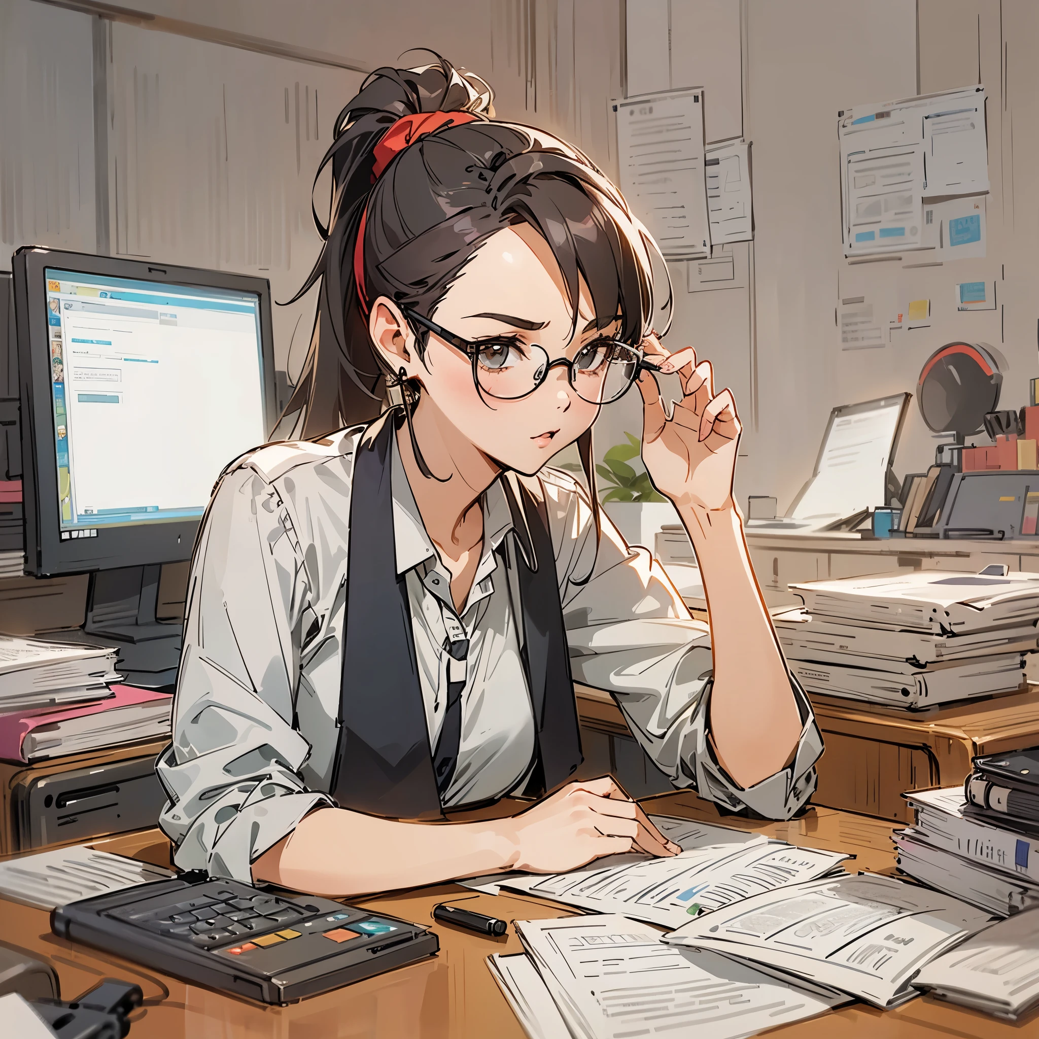 A young woman，with ponytail，red headband，black hair，wear glasses，Workplace attire，Wearing professional formal attire，hip-covering skirt，Sitting at the desk and using the computer，There is a document written on one side，A pile of reports on the desk。Medium shot composition，Anime illustration style，Marker sketch style，Sketch portraits of people，high-definition，4k。