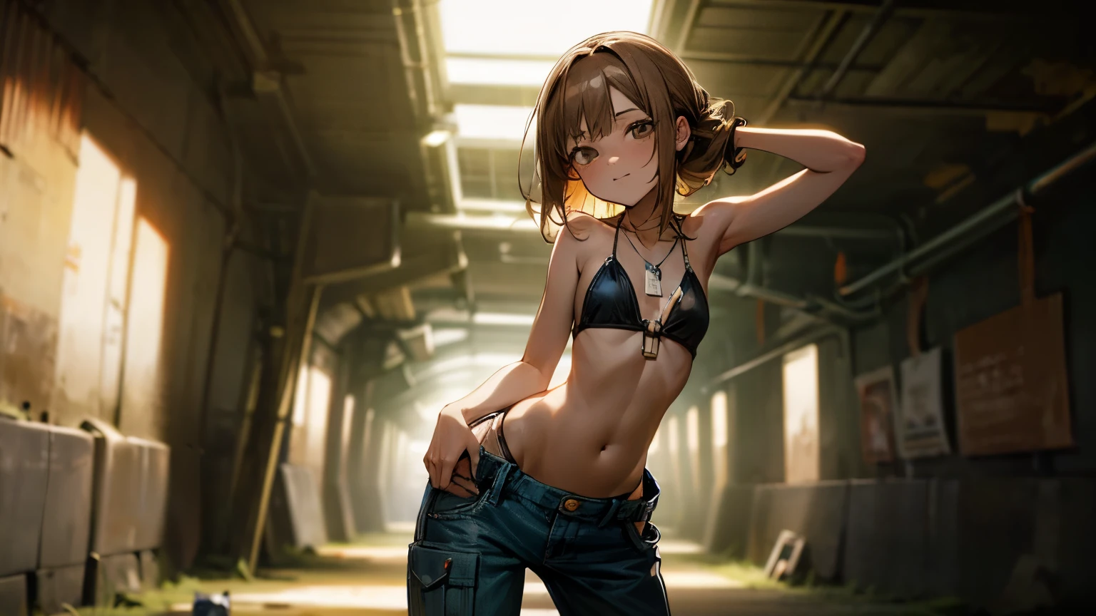 ((Masterpiece)), (Anime:1.5), ((best quality)), (RAW photo:1.2), (High Definition:1.3), (Professional Photography:1.2), (chromatic aberration), 1girl, (()), (very smug, upper body, looking at viewer, side tied bikini top, O-ring, barearms, unruly hair, medium hair, ((pants pull up)), dog tag, pale brown hair, (small breast), cute hip, (cool pose), ((inside the creepy tunnel)),