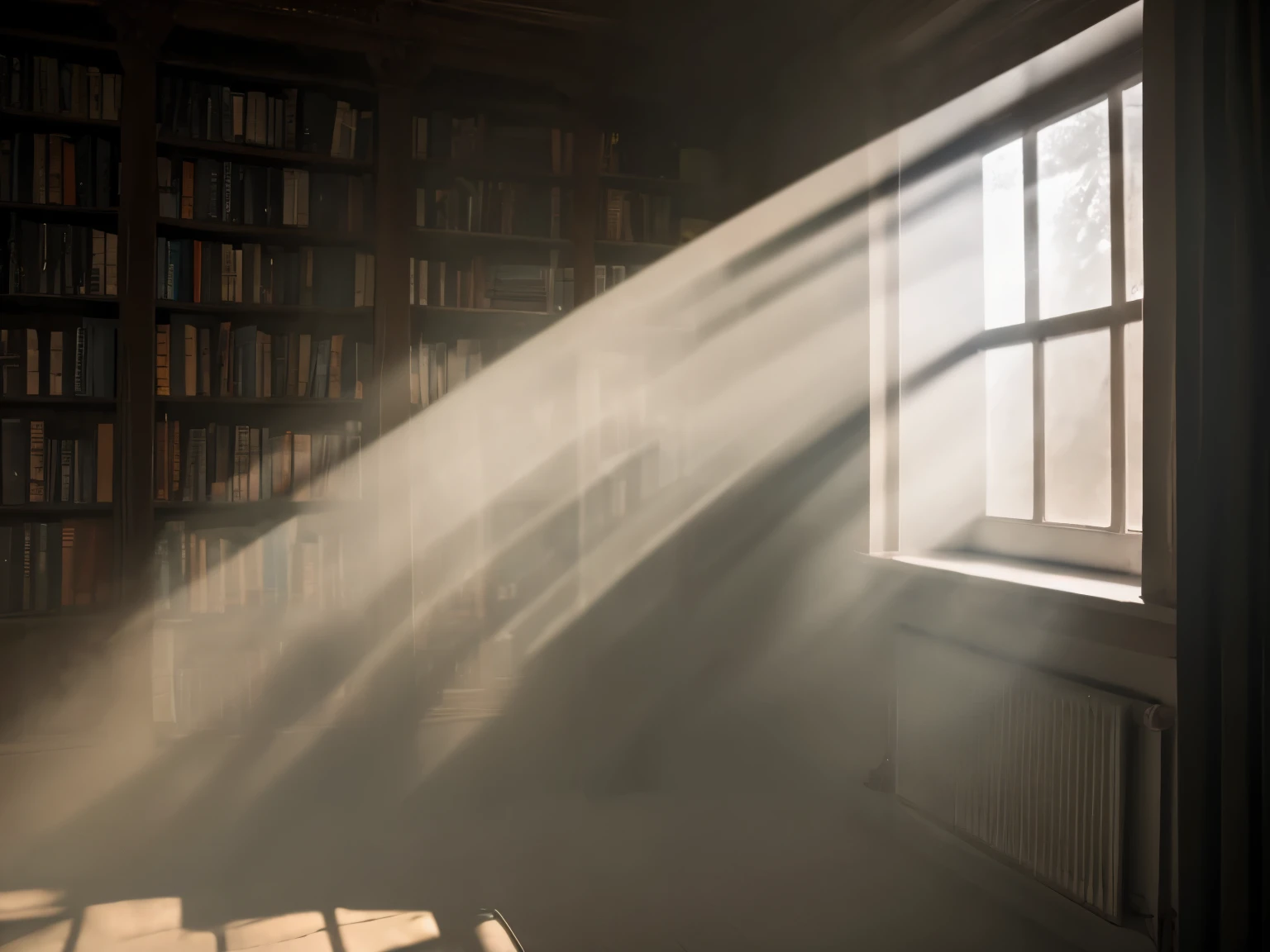 (Tyndall effect), ancient library, bookshelves, dusty, dust in the air, dark and poorly lit, the only light comes in through a very small window creating a tyndall effect, which through the floating dust in the air is strongly visible. dark shadows between bookshelves, poor lighting, realistic photo, film grain, 8k, RAW photo, light ray, tyndall effect