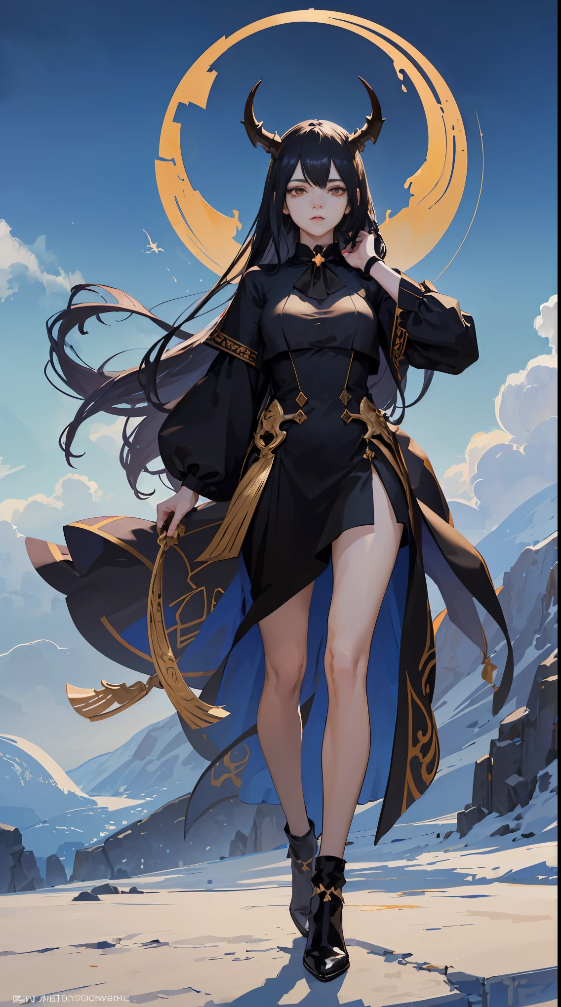 Seven Rhaeyar, Ancient Star goddess, Perfect female anatomy (Adult Female, 166cm in height, pale skin, slim, slender, 34D breast size, Dark Orange Eyes with beautiful details, Long Straight Black Hair, Beauty Mark Mole on right cheek bone, a set of black horns on her head), Neutral facial expression, Elegant white dress with black bow tie, blue coat knee length, dragon motifs, gold and rope accessories, View of the open blue sky with only clouds, receiving light from the front, Ethereal glow
