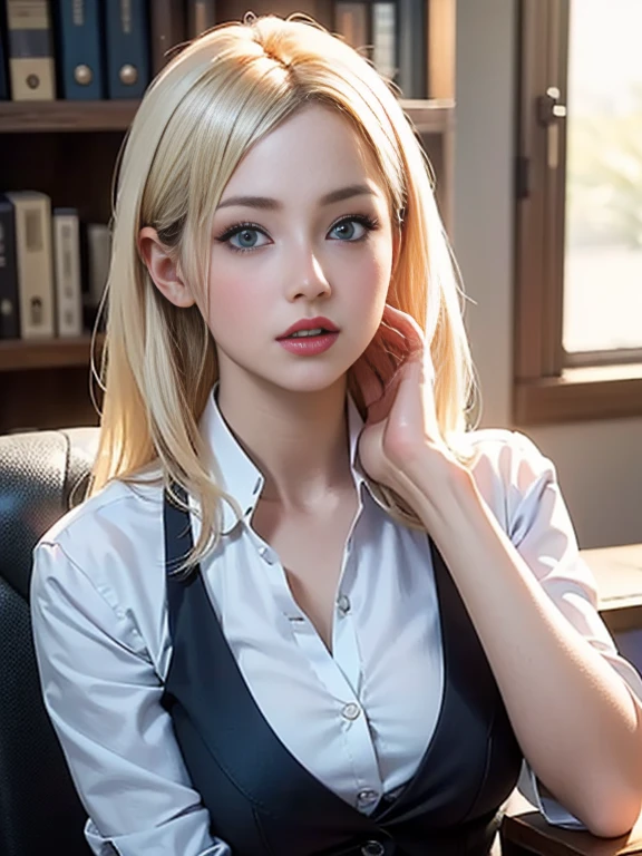 (best quality, 8k, highres, photorealistic:2.0), (solo, one girl:2.0),(lighting: front),(lighting: strong),(ultimate beautiful girl:2.0),(shiny skin),(oily skin),(platinum blonde hair:1.5),(straight hair:2.0),Blush brown makeup , dark eye makeup , use pink glossy lipstick,(big eyes girl:1.5),(thin woman:1.5),(Photographed in the sophisticated office of an information technology company:1.8),(elite business woman:1.8),(Career woman who can work very well),(I'm so absorbed in work that I don't have a boyfriend),(woman not interested in love),(I'm not interested in fashion),(I wear accessories that do not interfere with my work.),(she has no love experience at all),(she feels alone),(She is not good at talking to men),(she is shy and silent),(I don't want to stand out and I'm concerned about people's attention),(She has a dark personality and negative thoughts.:1.5),(she suffers from depression),(She has many complexes and has no one to rely on.),(intelligent woman:1.5),(A woman who takes her work seriously),(I'm a little unwell),(I like coffee and drink it all the time),(mentally unstable),(I have a hard time with insomnia.),(unpopular woman),(unconfident:1.5),(want pure love),(plain and introverted woman:1.3),(She has a hobby that she cannot tell anyone about, and that is masturbation),(she is pure:1.5),(Prefer clothes suitable for office work),(A woman whose life is difficult),(A woman exhausted from long working hours)